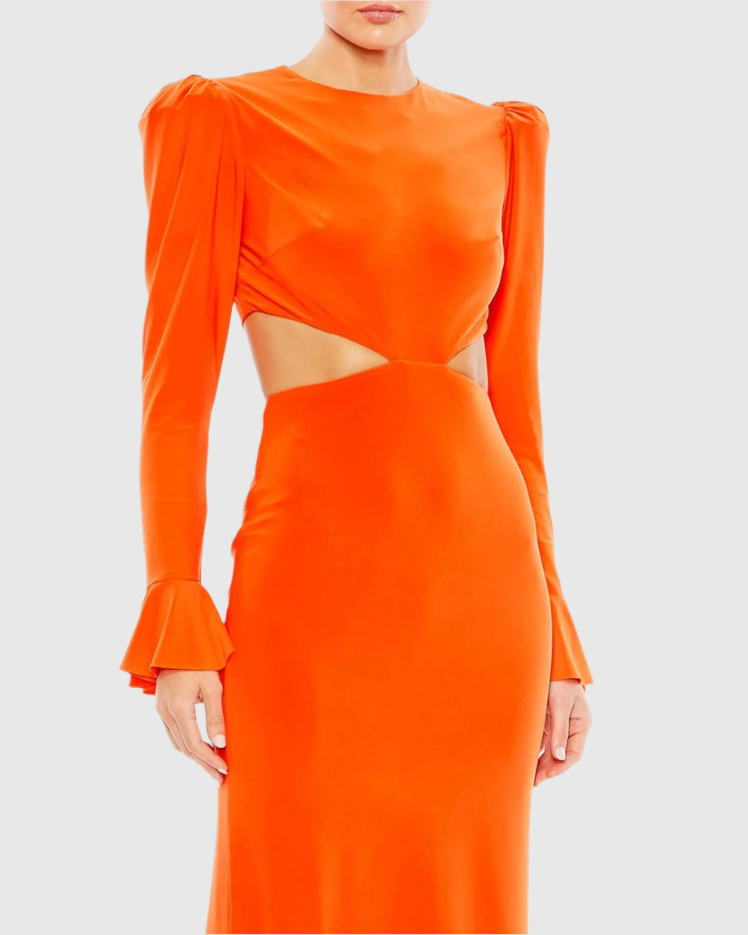 Orange Long Sleeve Puff Shoulder Cut Out Gown