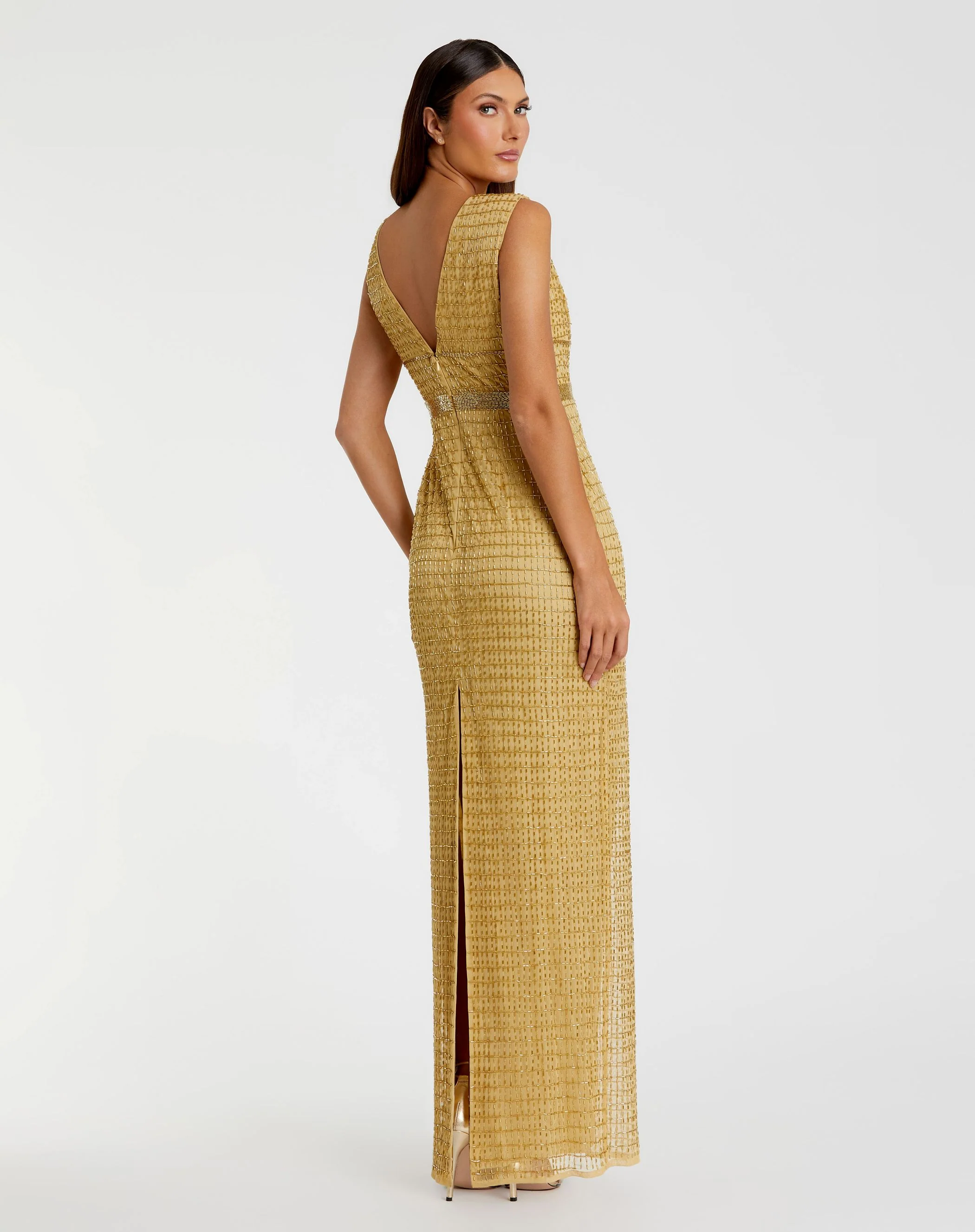 Gold Beaded Cap Sleeve V Neck Column Gown