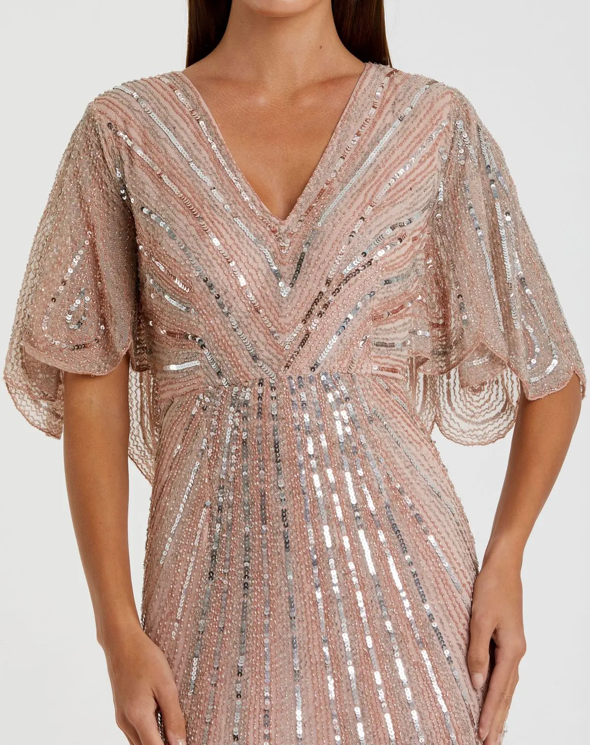 Pink Sequined V Neck Cape Sleeve Column Gown