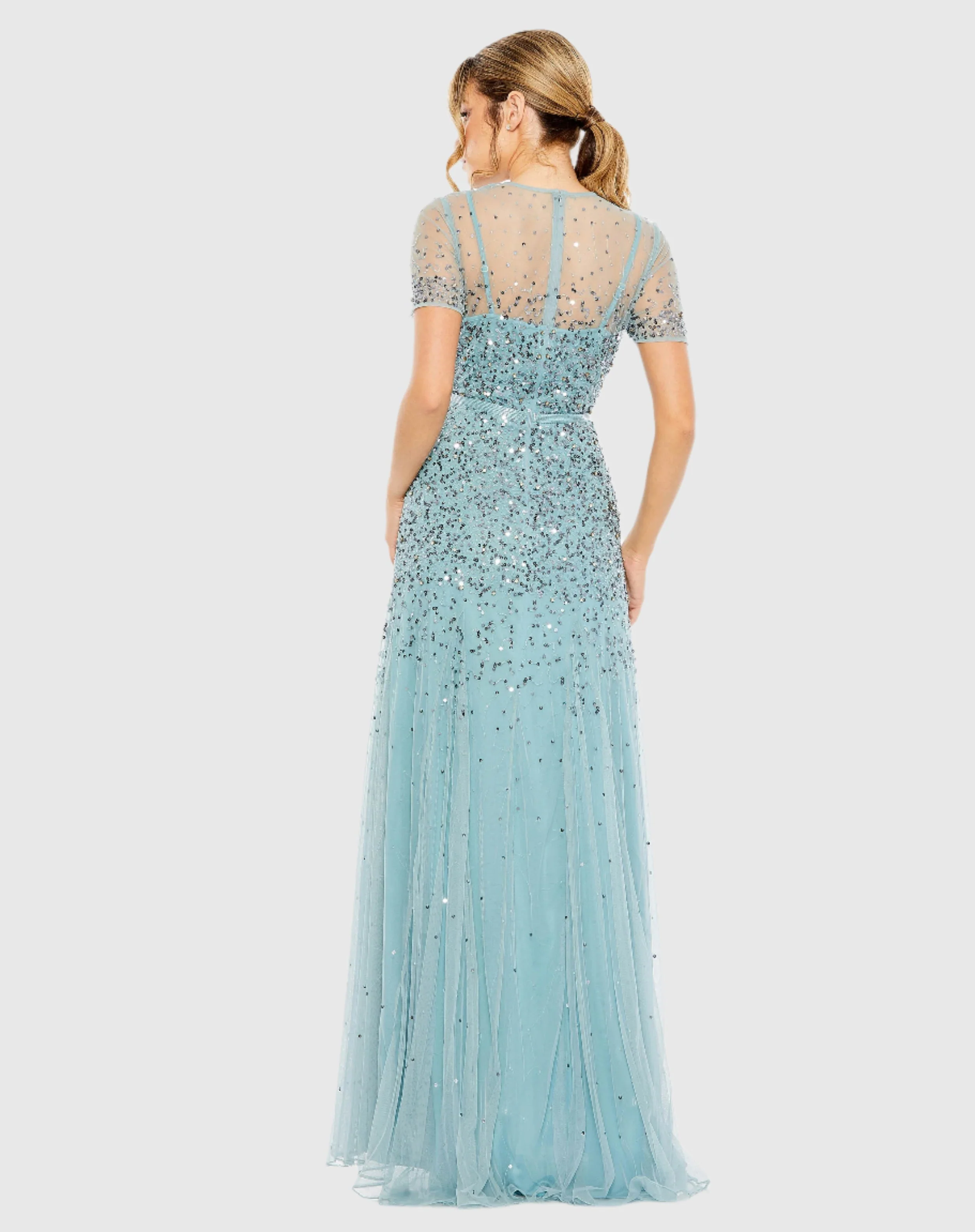 Blue High Neck Short Sleeve Sequin Embellished Gown