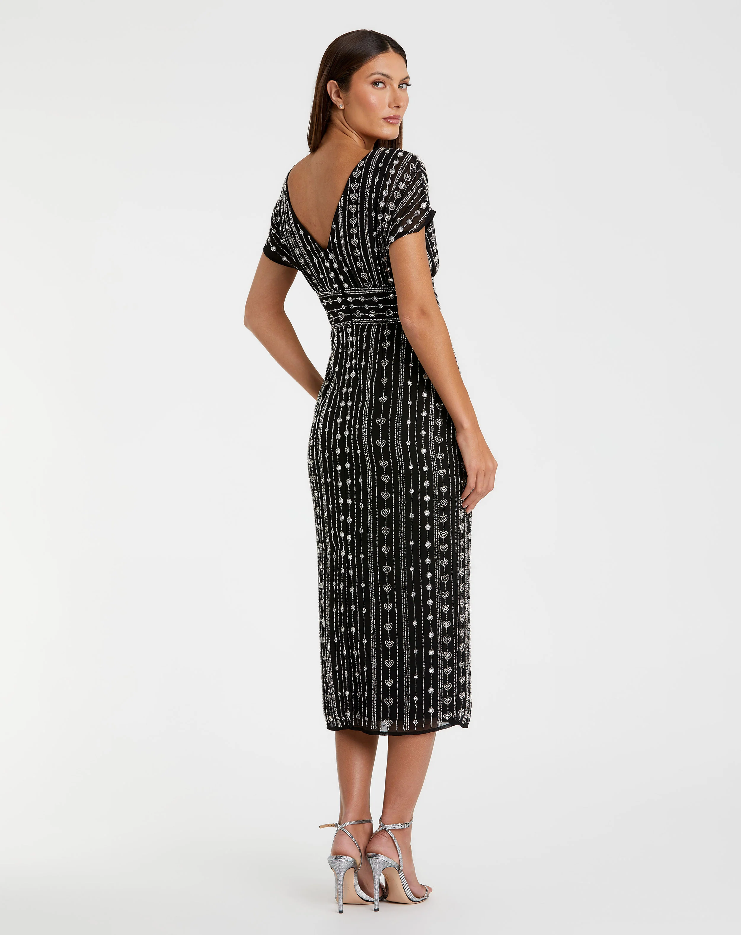 Black Beaded Cap Sleeve Column Midi Dress