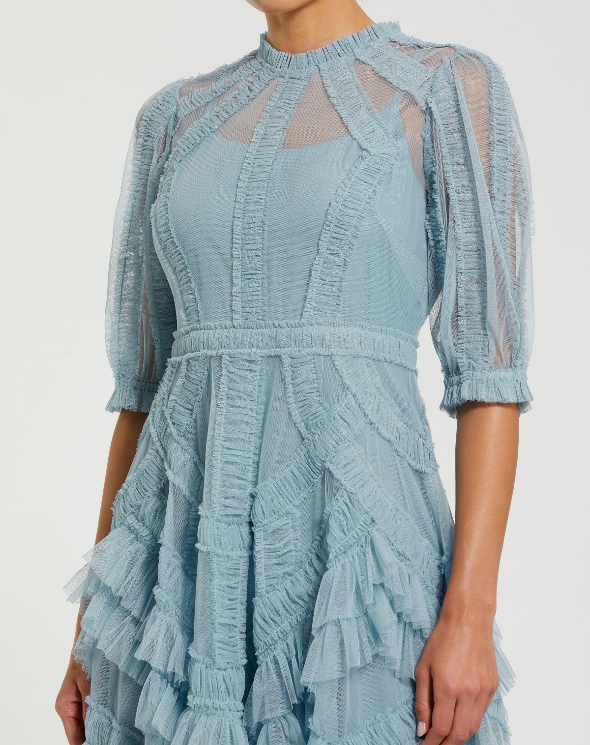 Blue High Neck Micro Ruffle Tiered Midi Dress