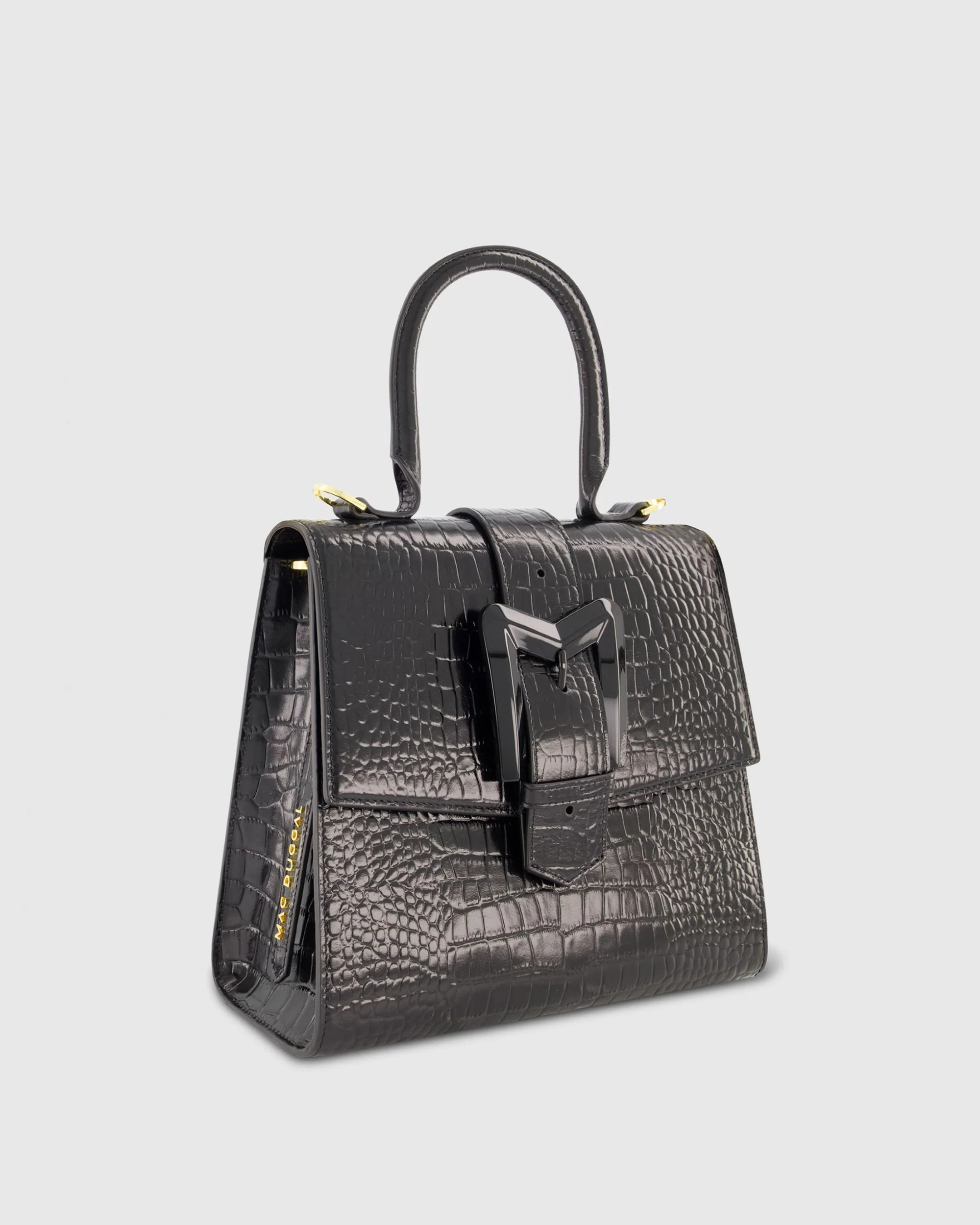 Buckled Medium Croco Black Leather Handbag with Detachable Strap