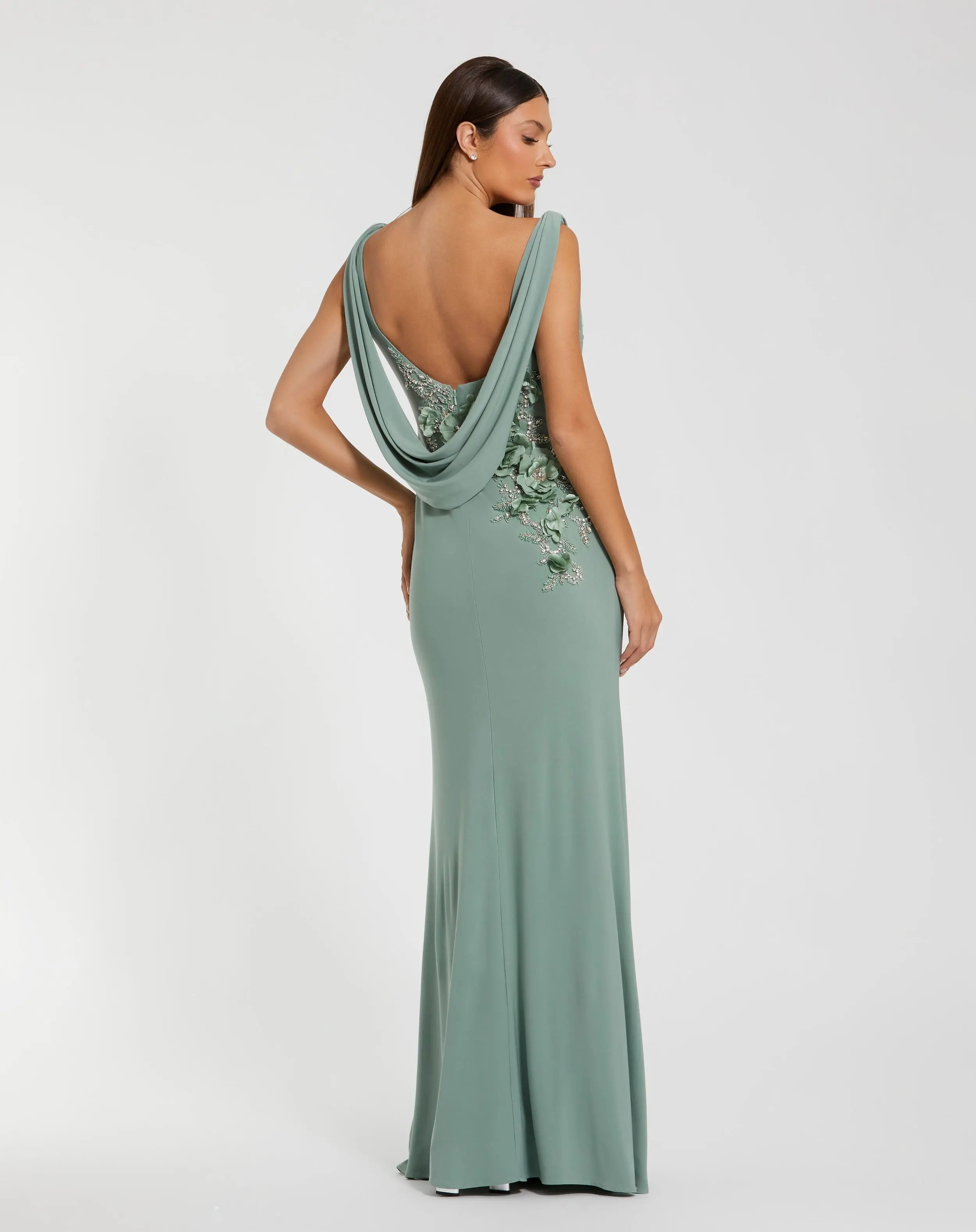 Green Sleeveless Jersey Cowl Neck Gown With Beading