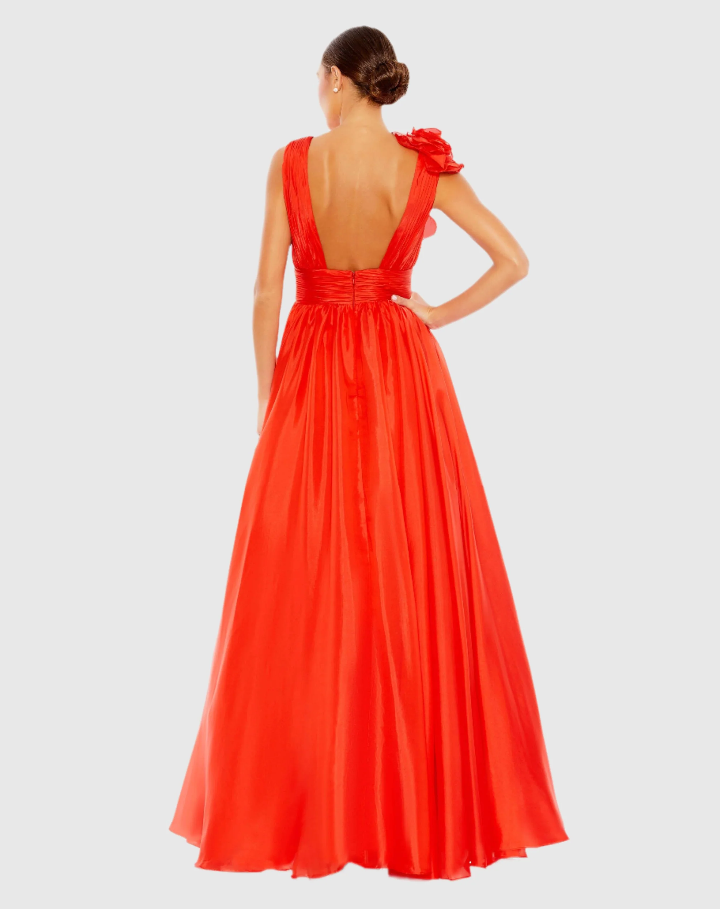 Red Ruffle Shoulder V-Neck Chiffon Gown