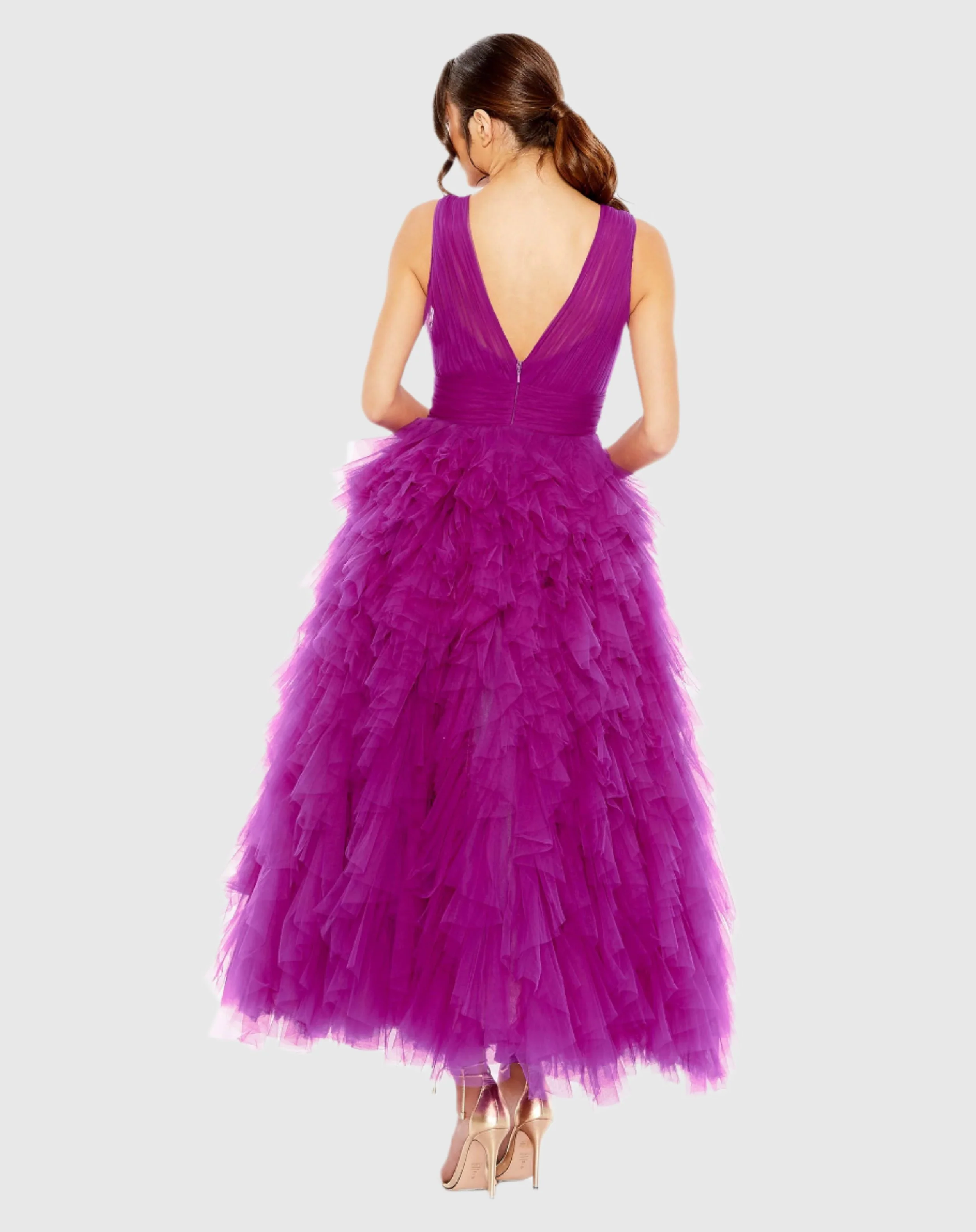 Purple Ruffled Cap Sleeve V-Neck A Line Tulle Dress