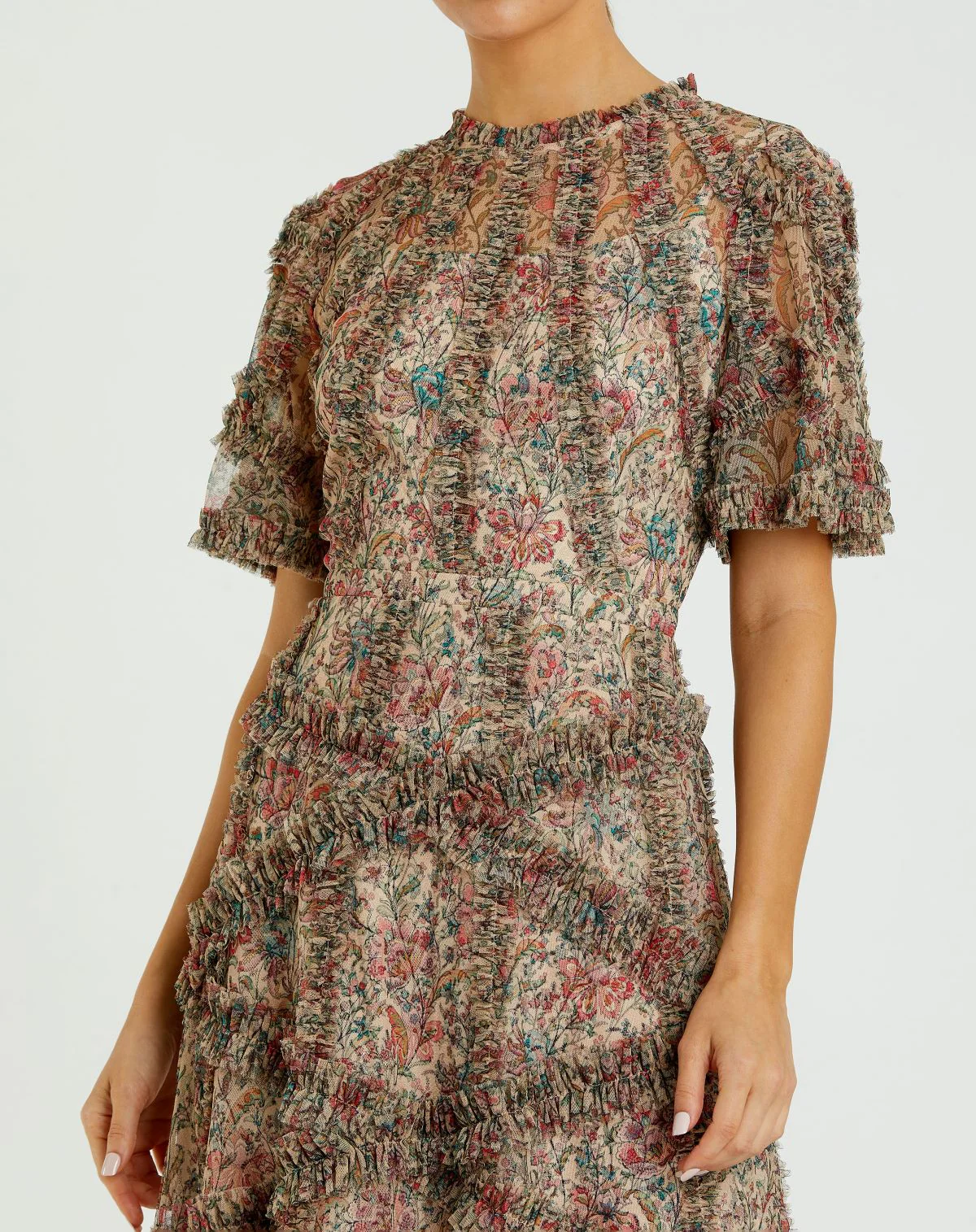 Beige Floral Flutter Sleeve Mesh Print Dress