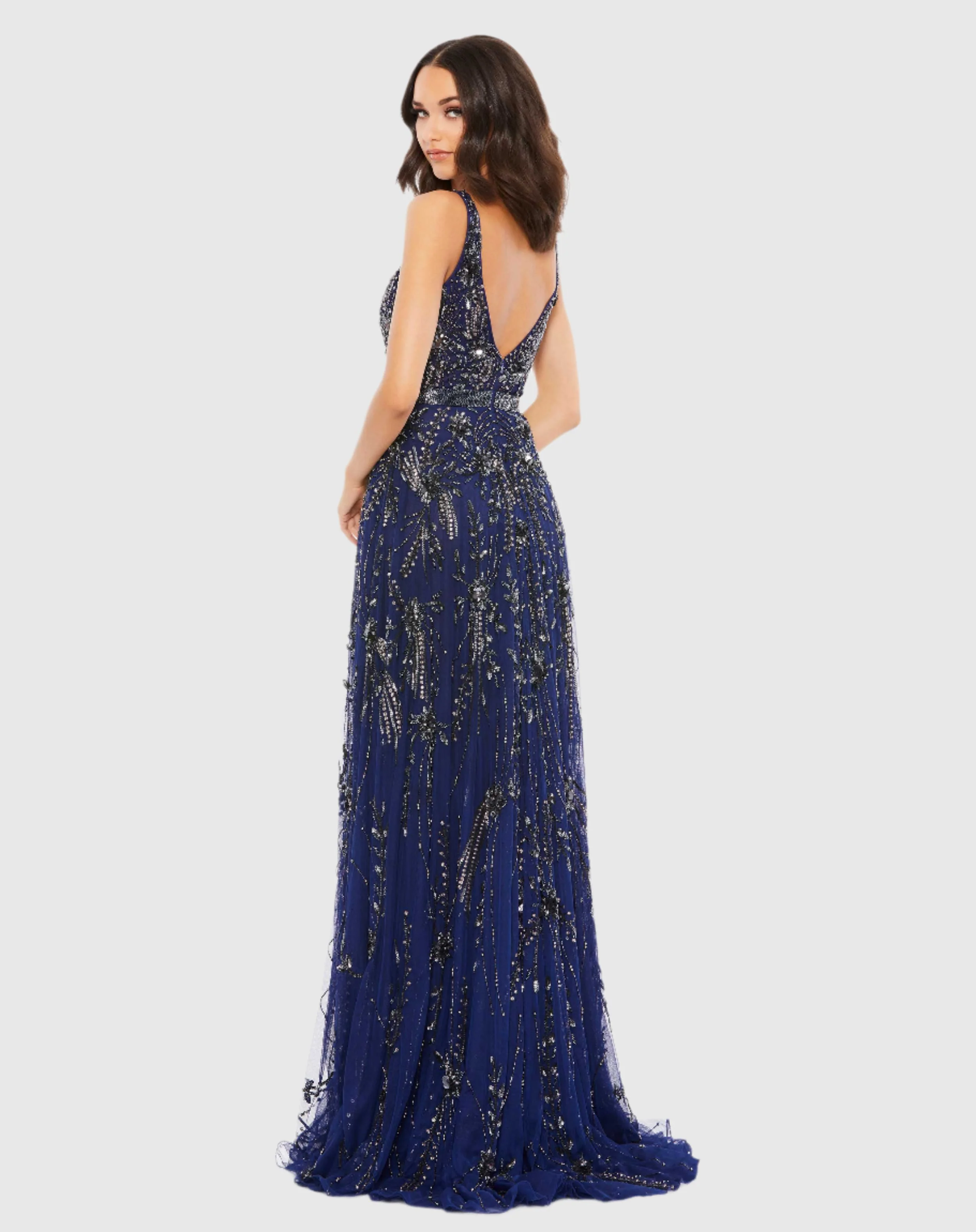 Navy V-Neck Embellished Tulle Gown