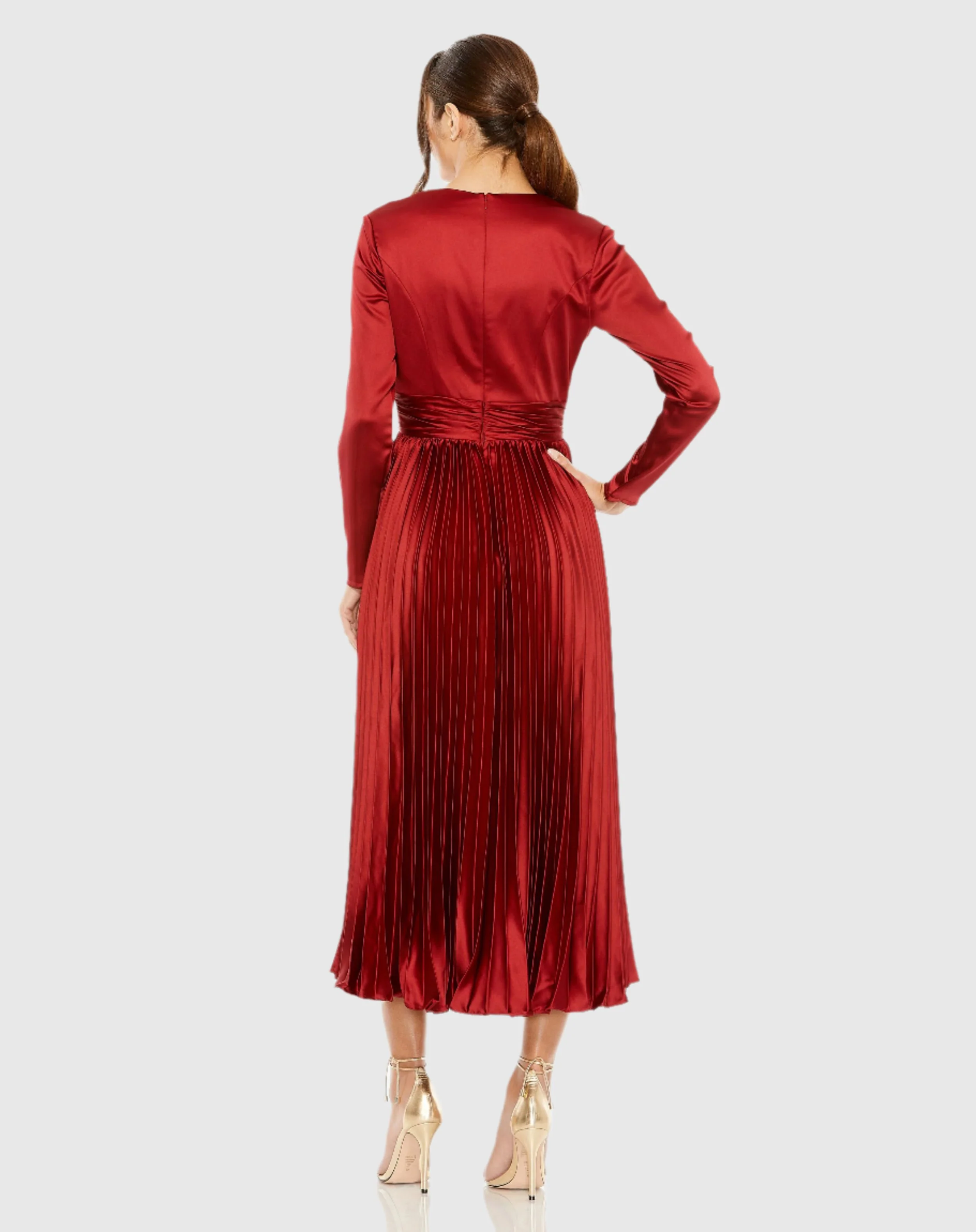Red Pleated Long Sleeve V-Neck Dress