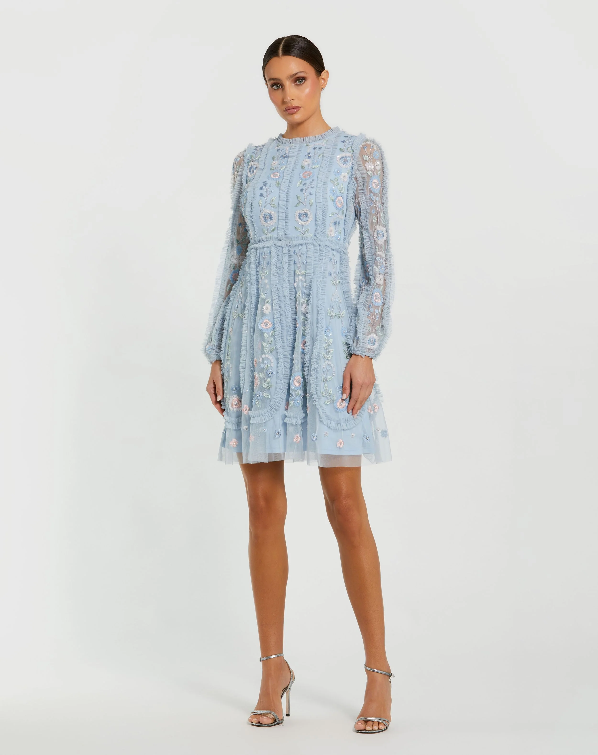 Blue Floral Mesh Long Sleeve Micro Ruffle Mini Dress