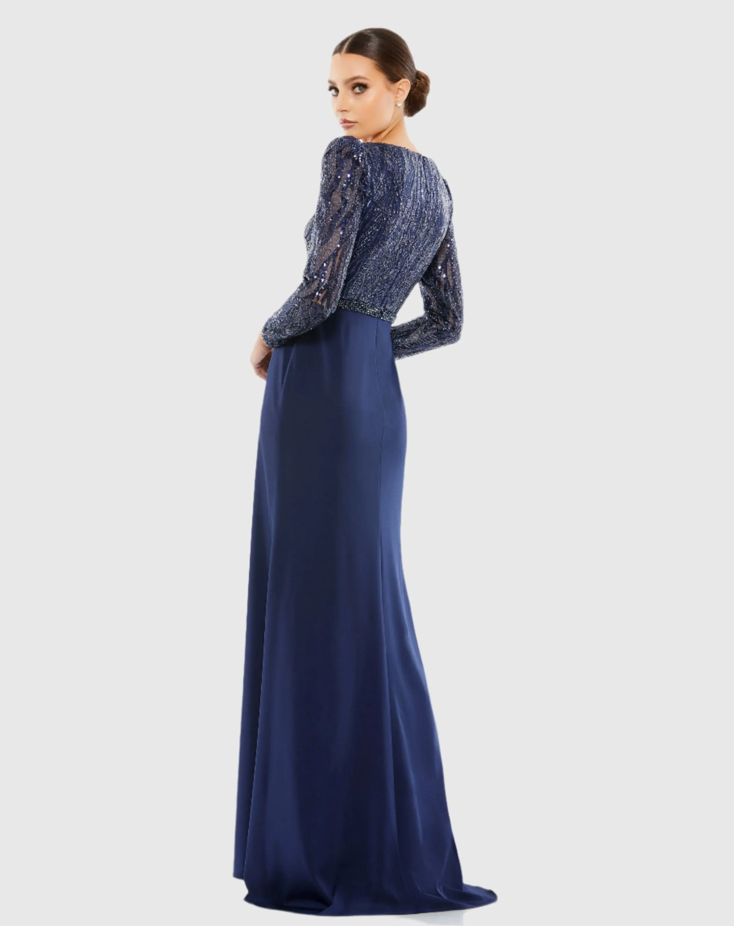 Navy Embellished Long Sleeve Bodice Column Gown