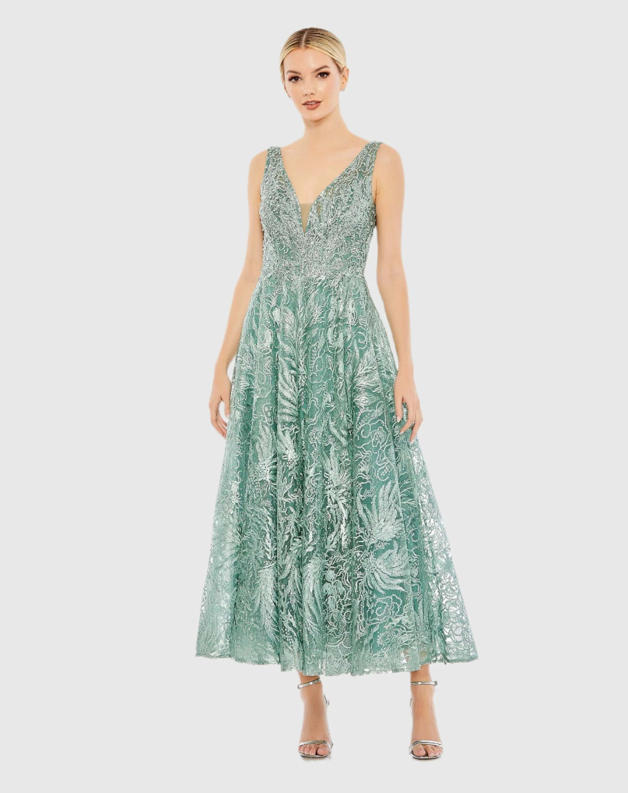 Green V-Neck Low Cut Back Floral Embroidered A-Line Dress