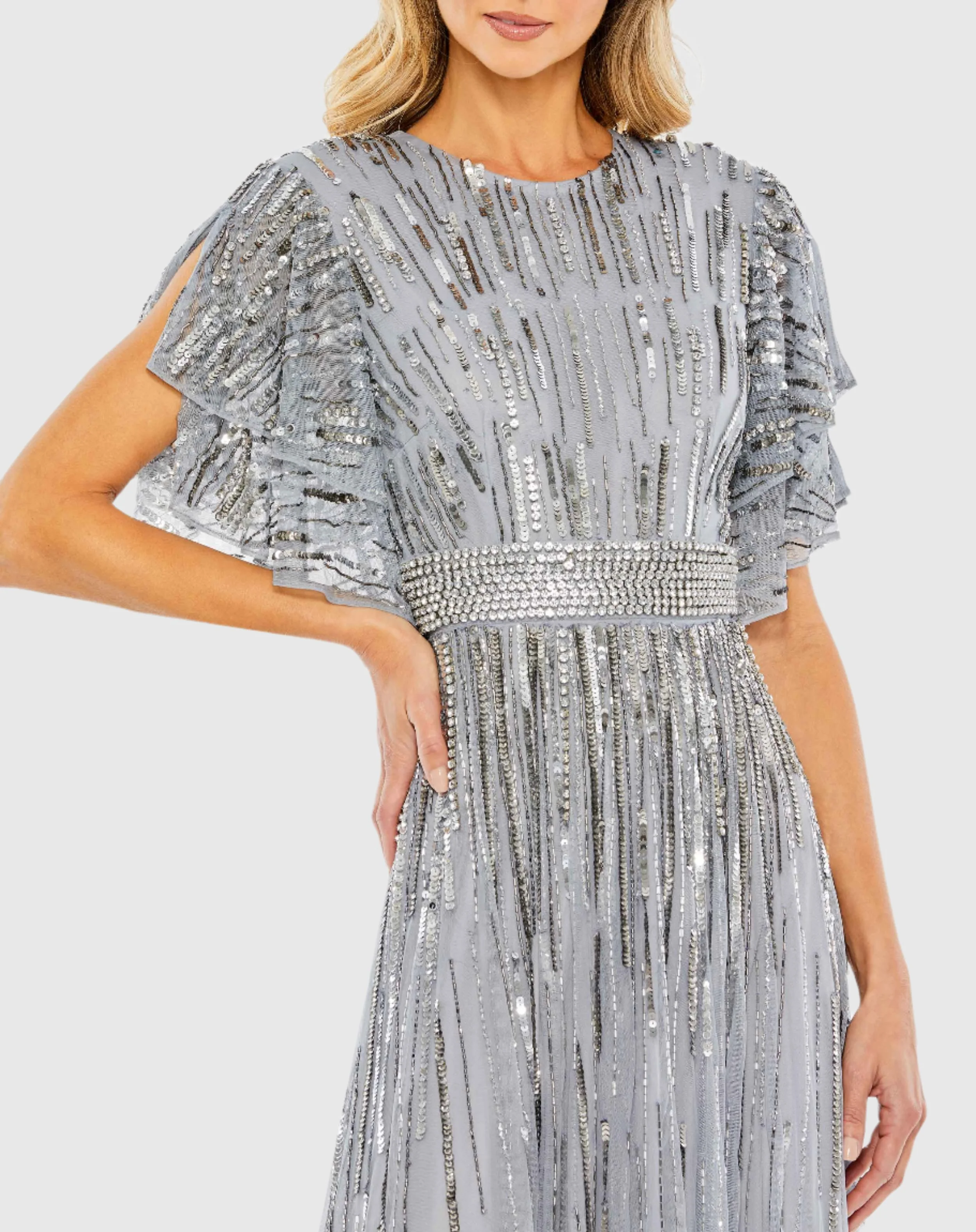 Blue Embellished Full Length Layered Sleeve Gown