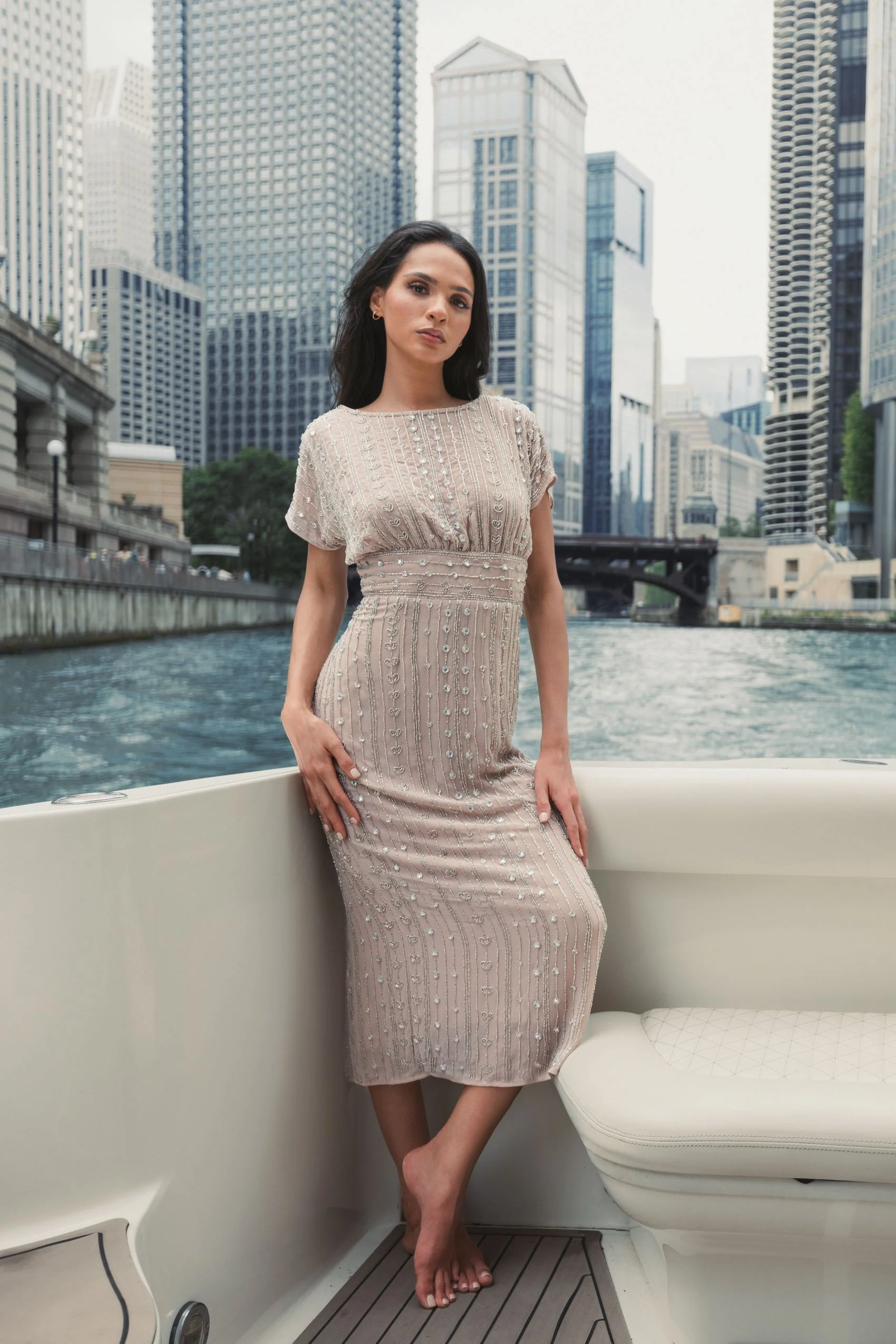 Beige Beaded Cap Sleeve Column Midi Dress