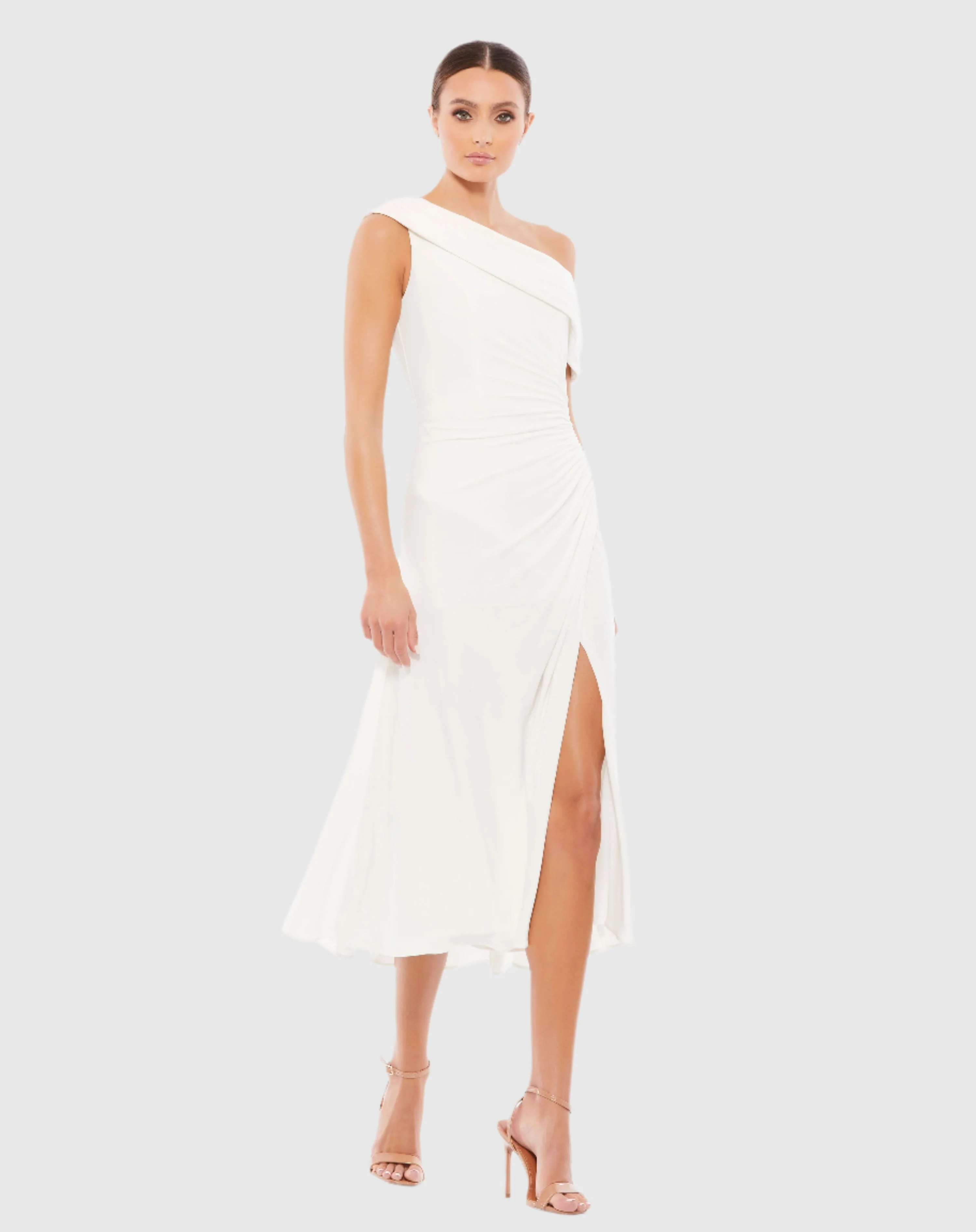 White Ruched Off-The-Shoulder Midi Dress