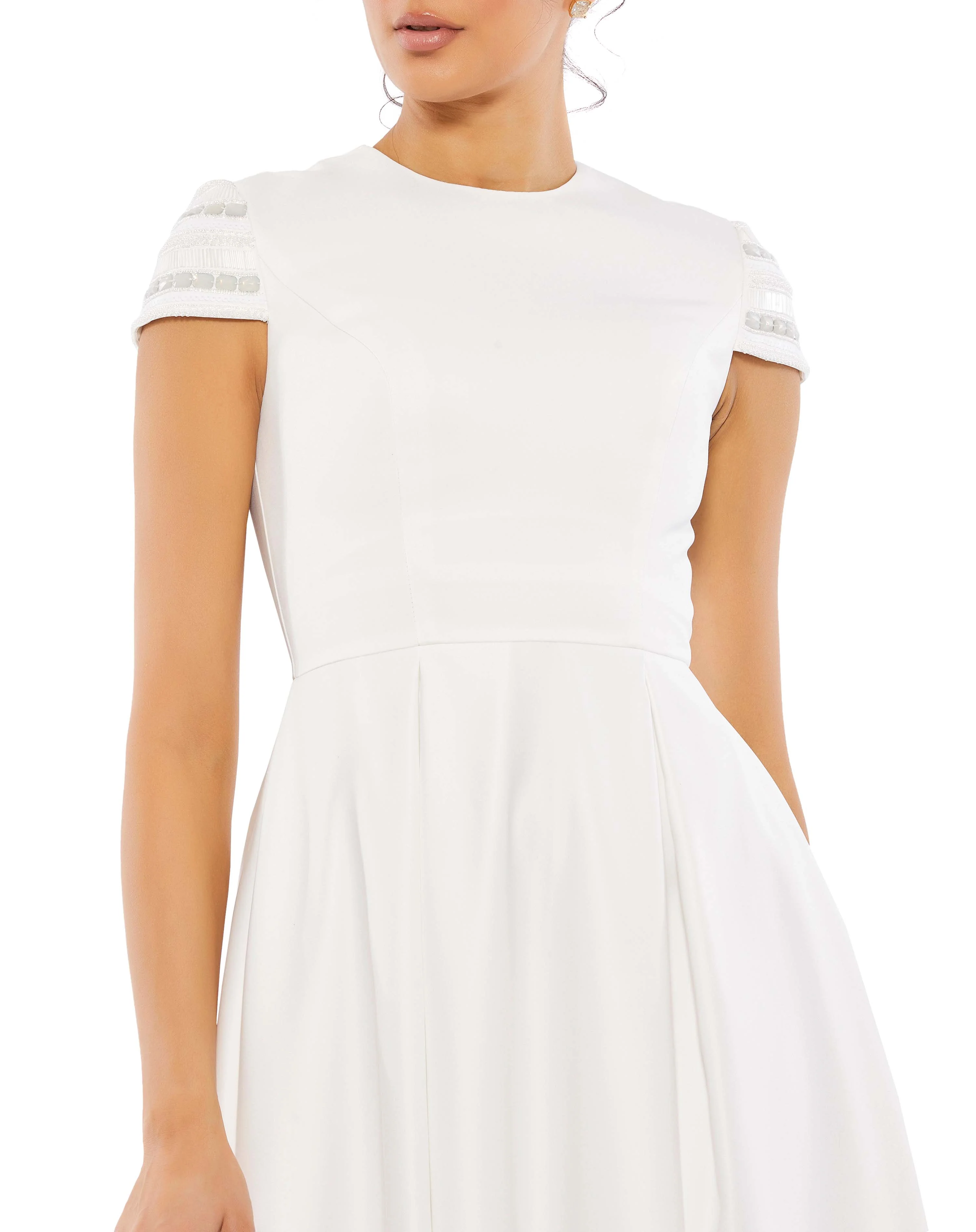 White High Neck Cap Sleeve Tea Length Dress