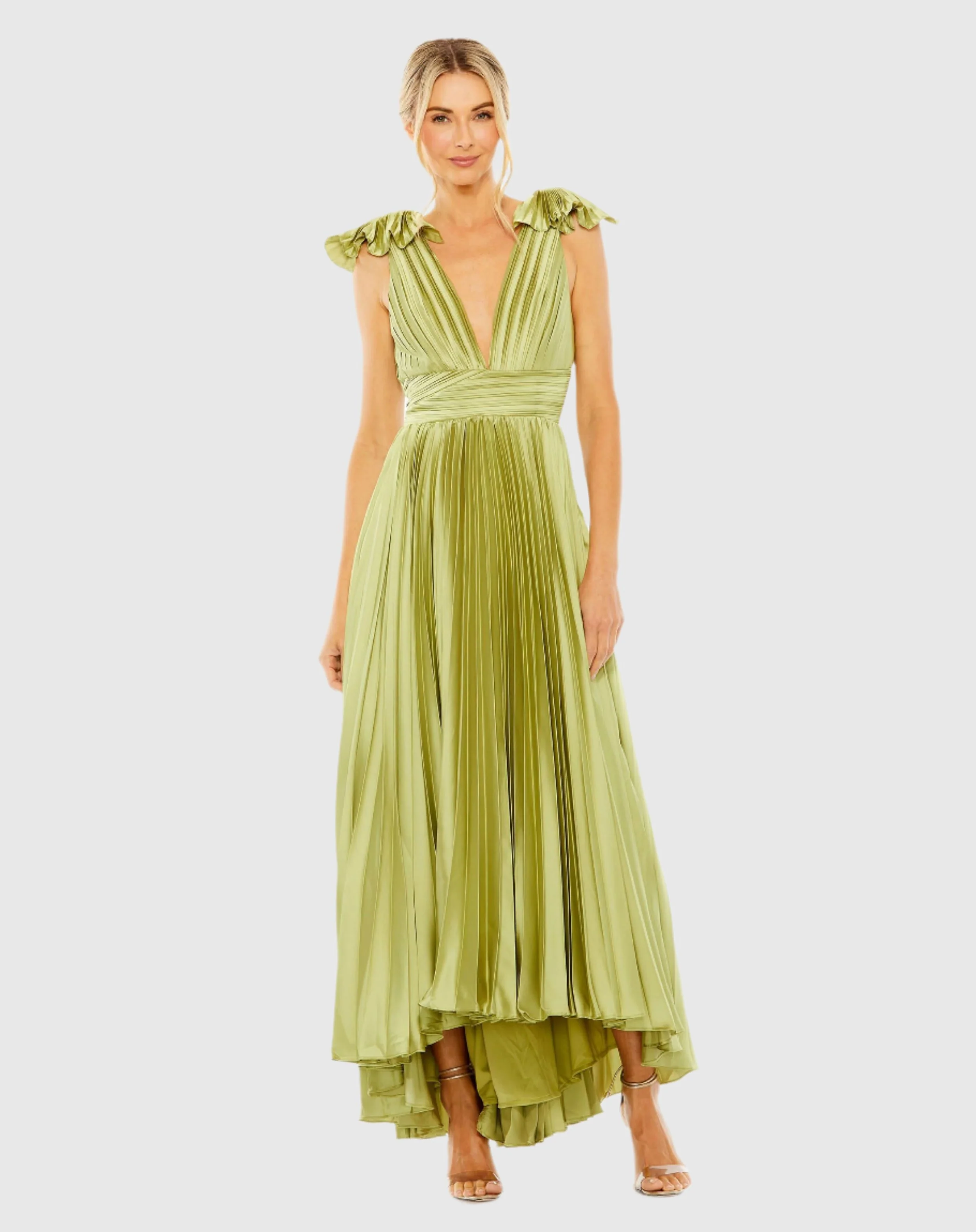 Ruffle Top Sleeveless V Neck Pleated Gown