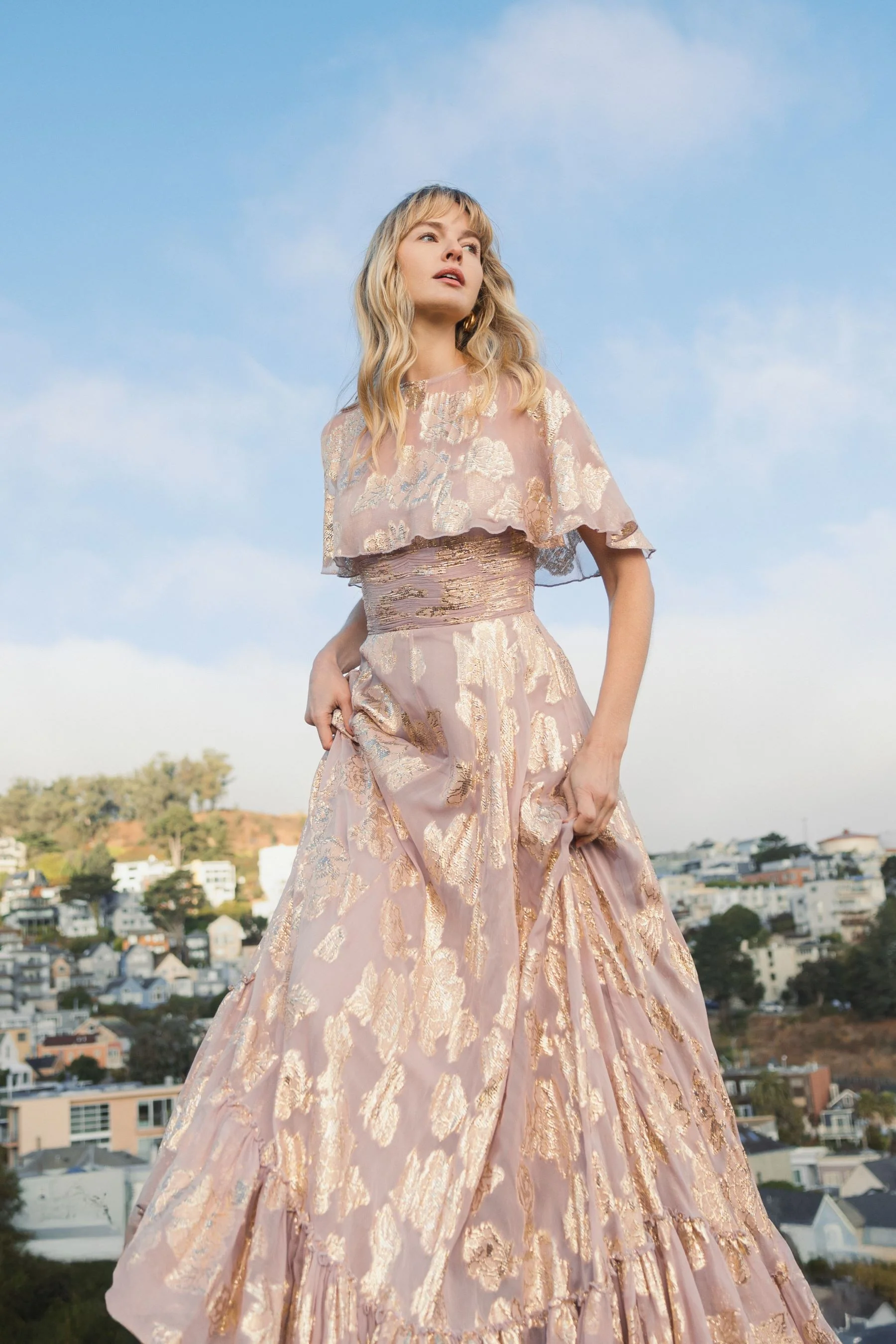 Purple Floral Print High Neck Cape Sleeve A Line Gown