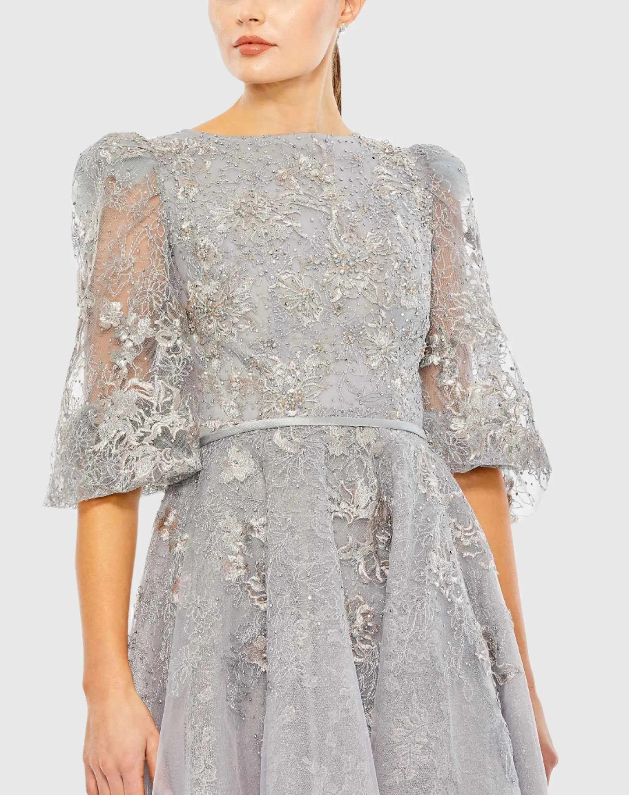 High Neck Puff Sleeve Embellished Gown