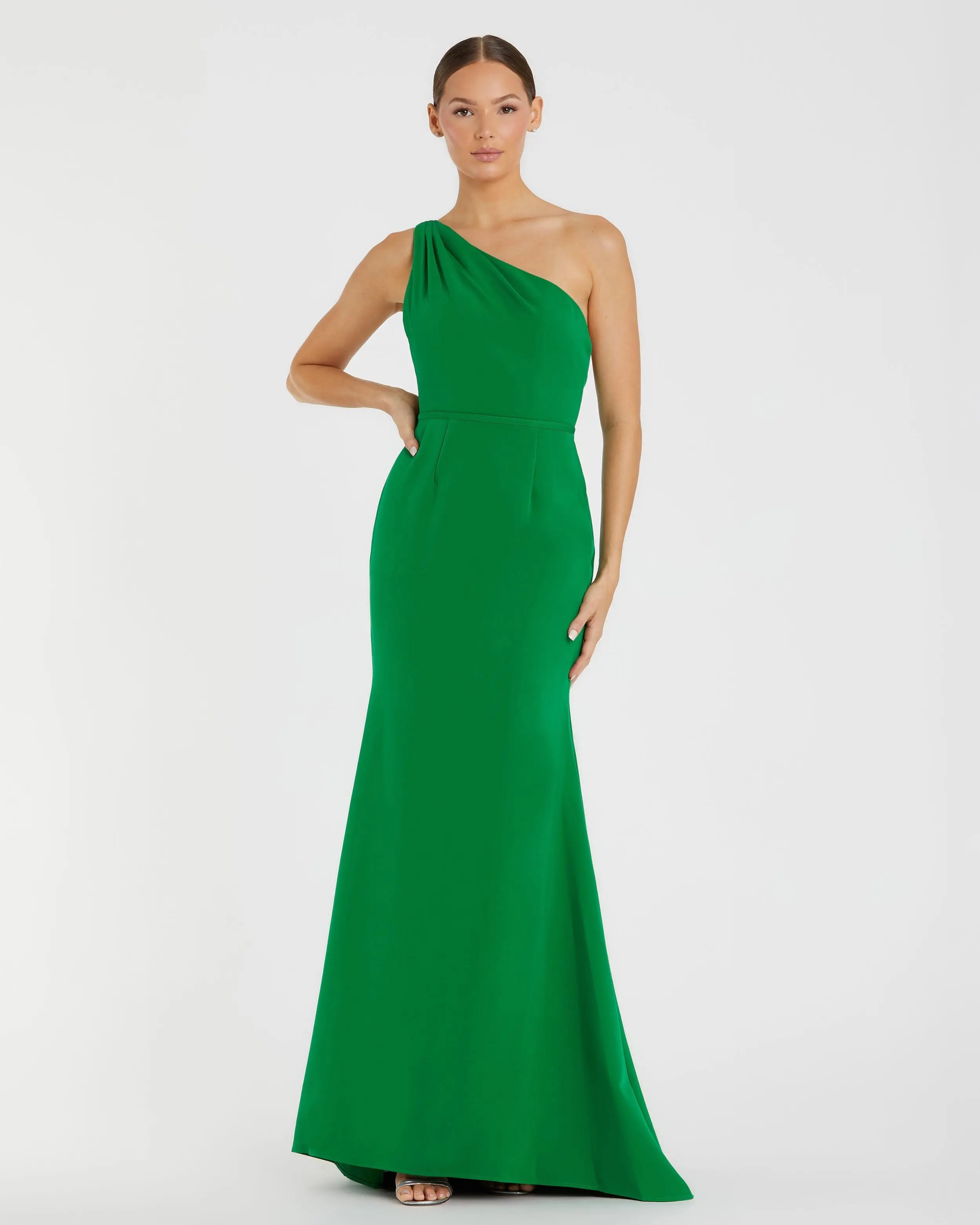 Green One Shoulder Jersey Mermaid Gown