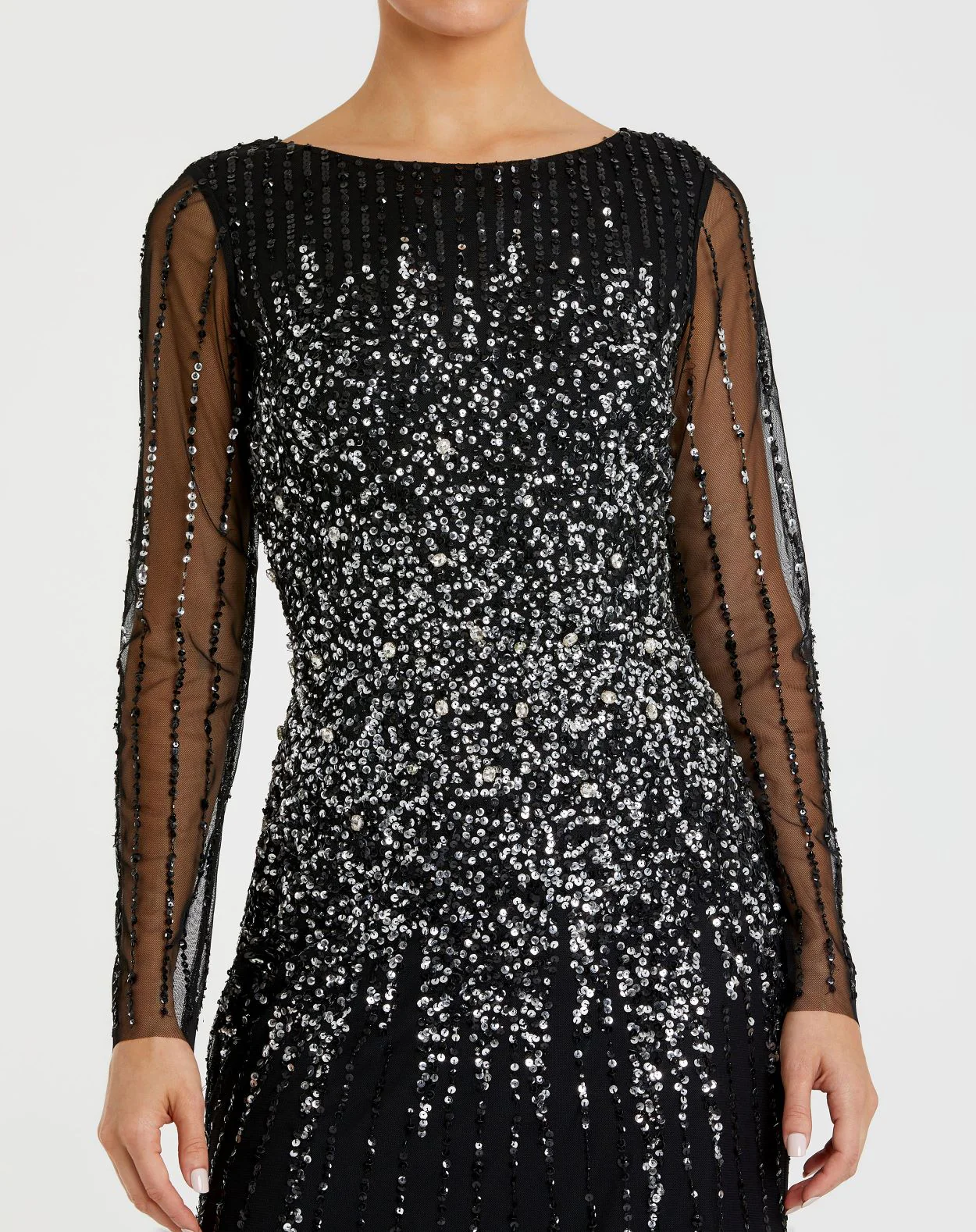 Black High Neck Sequin Embellished Long Sleeve A Line Gown