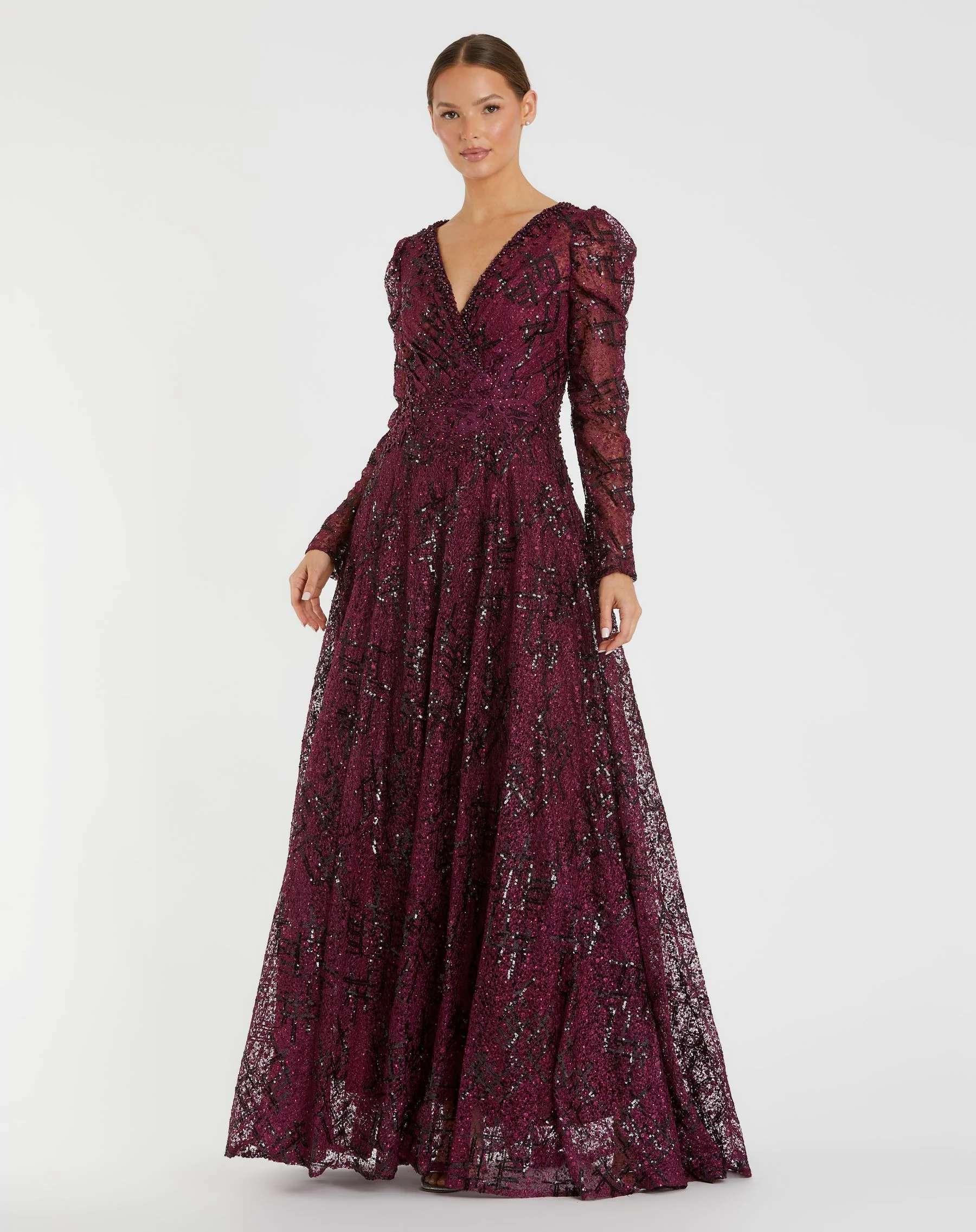 Dark Purple Embellished V Neck Long Sleeve A Line Gown