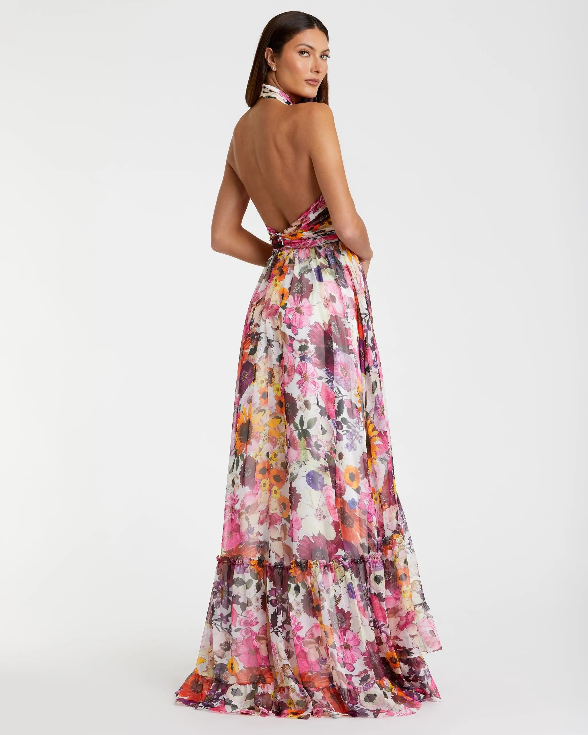 Multicolor Asymmetrical Ruffled Halter Floral Gown