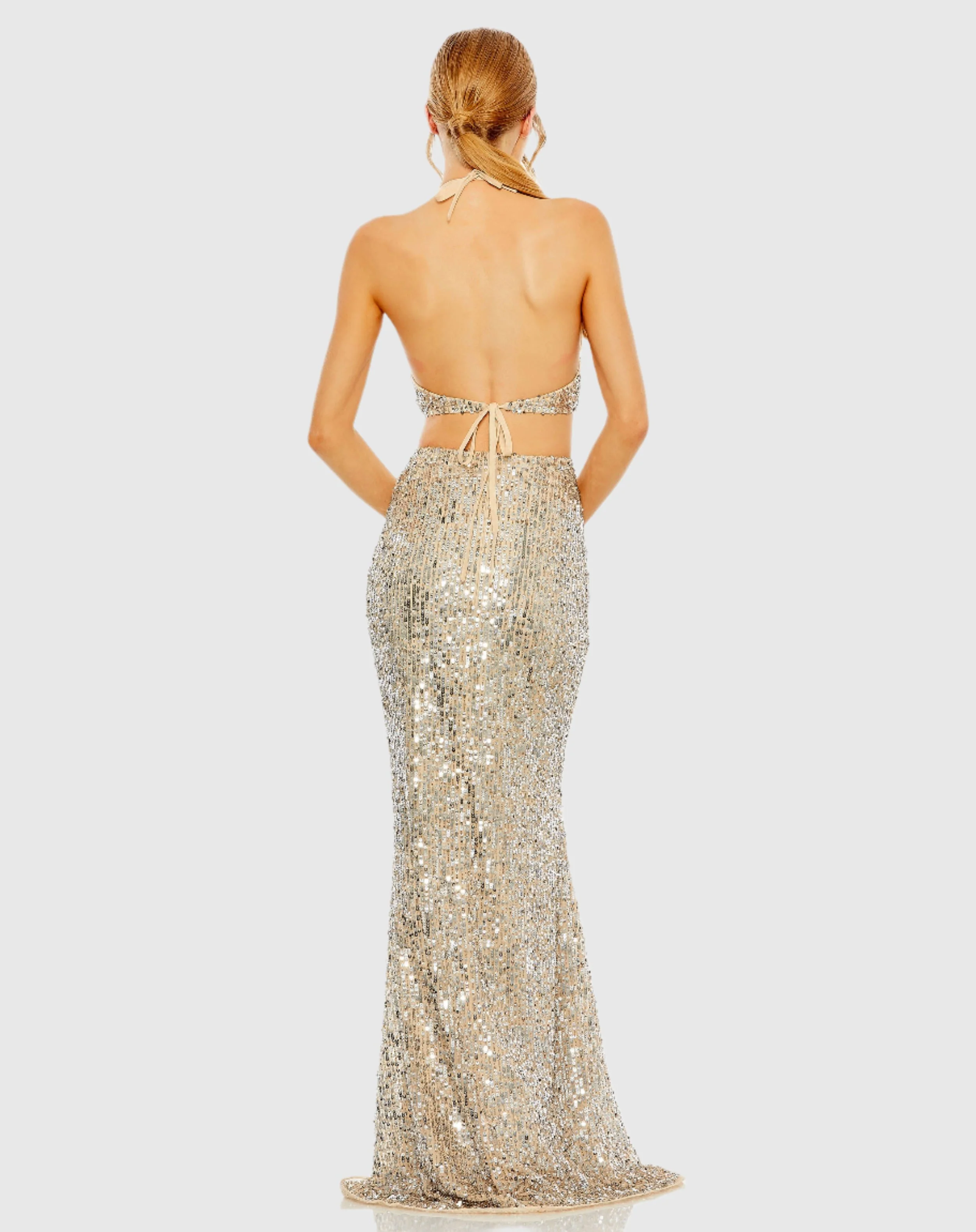 Silver Cut Out Halter Tie Back Sequin Gown