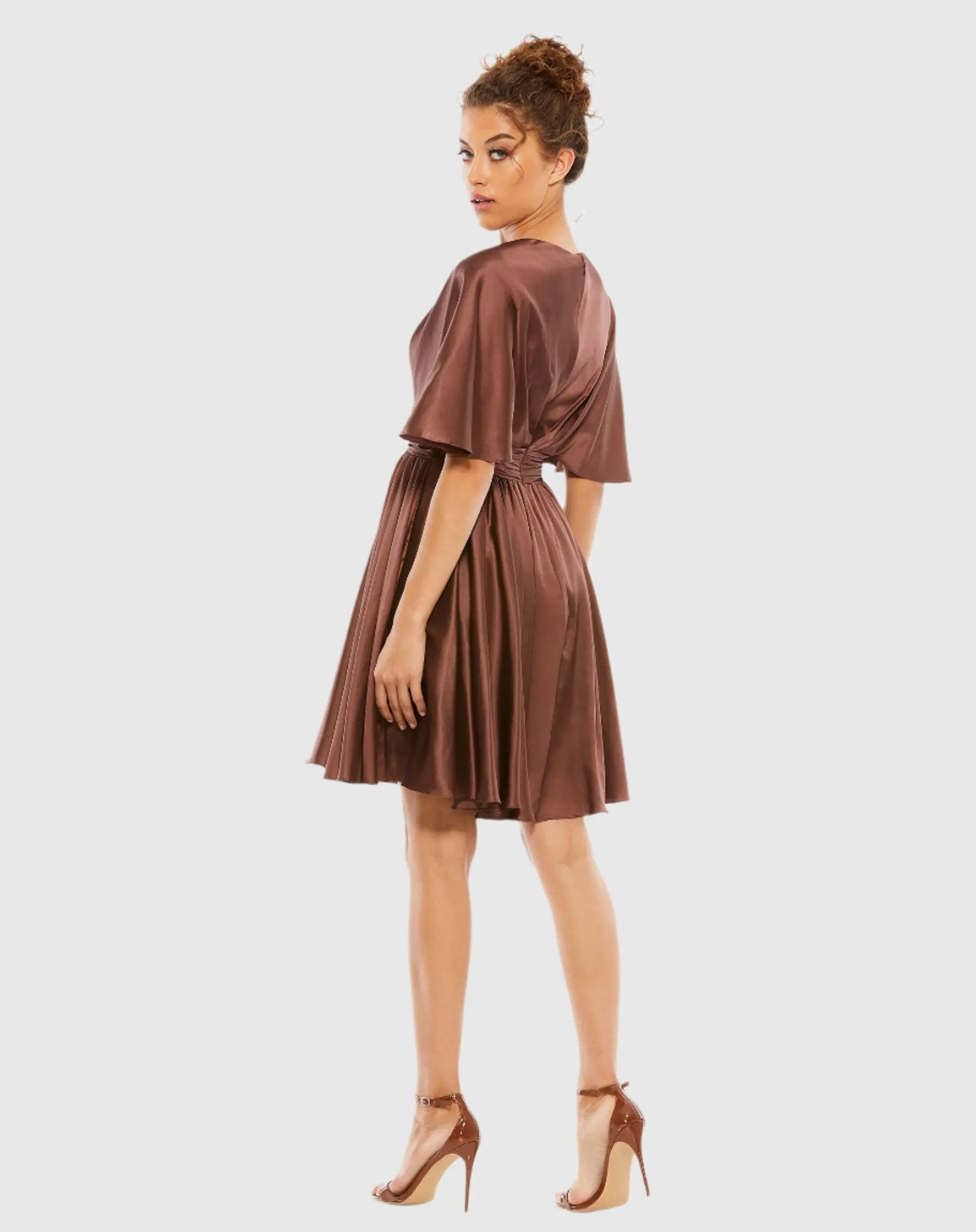 Brown Satin Flowy Cape Sleeve Mini Dress - FINAL SALE