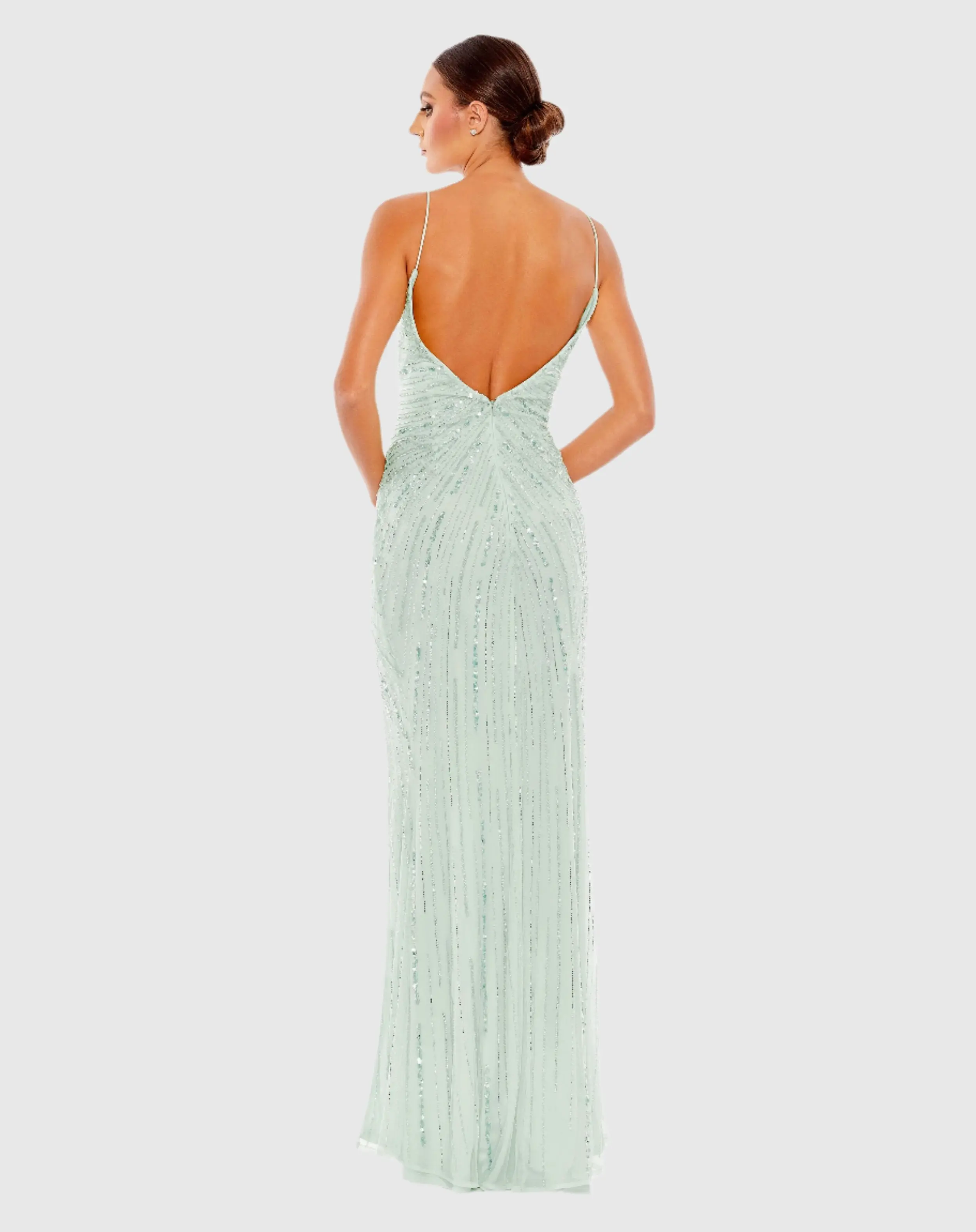 Blue Beaded Sleeveless Faux Wrap Gown