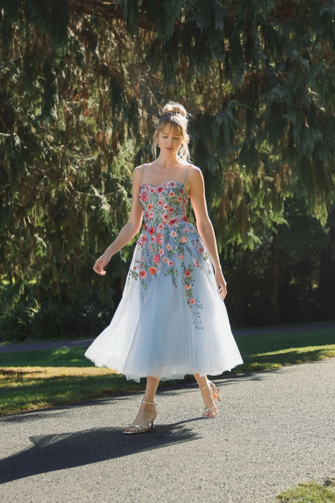 Blue Slim Strap Sheer Bustier Embroidered Dress