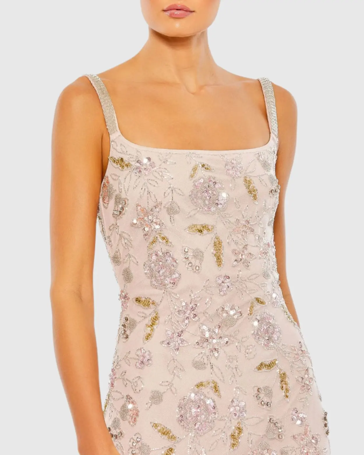 Hand Beaded Floral Gown with Beaded Spaghetti Straps