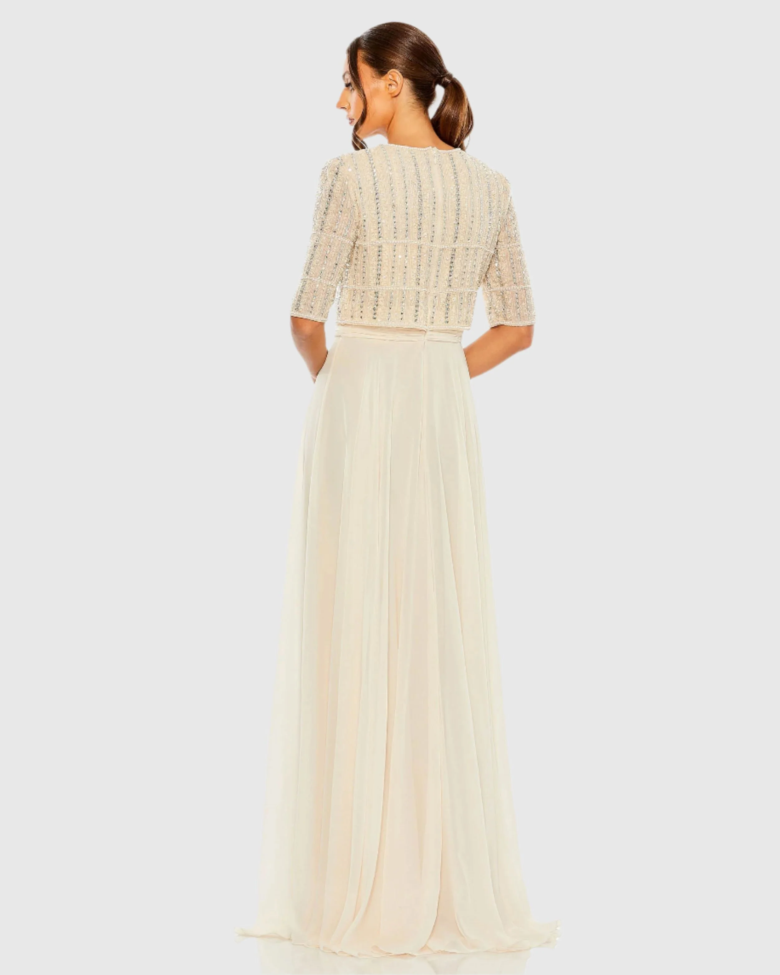 Beige Chiffon Gown w/ Fully Beaded 3/4 Sleeve Top