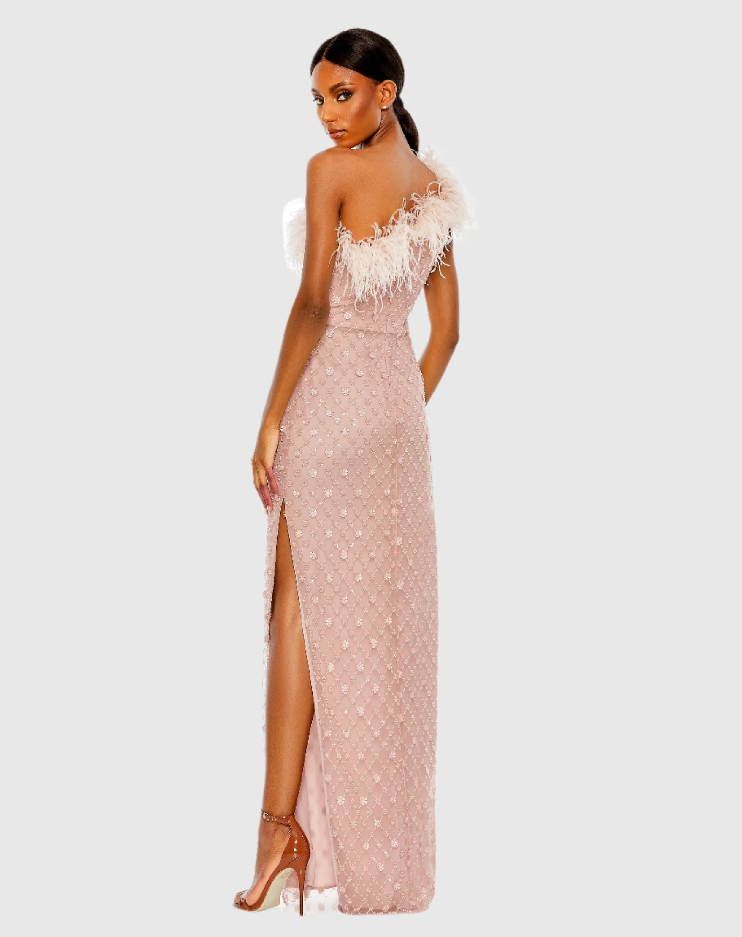 Pink Embellished One Shoulder Gown w/ Ostrich Feathers