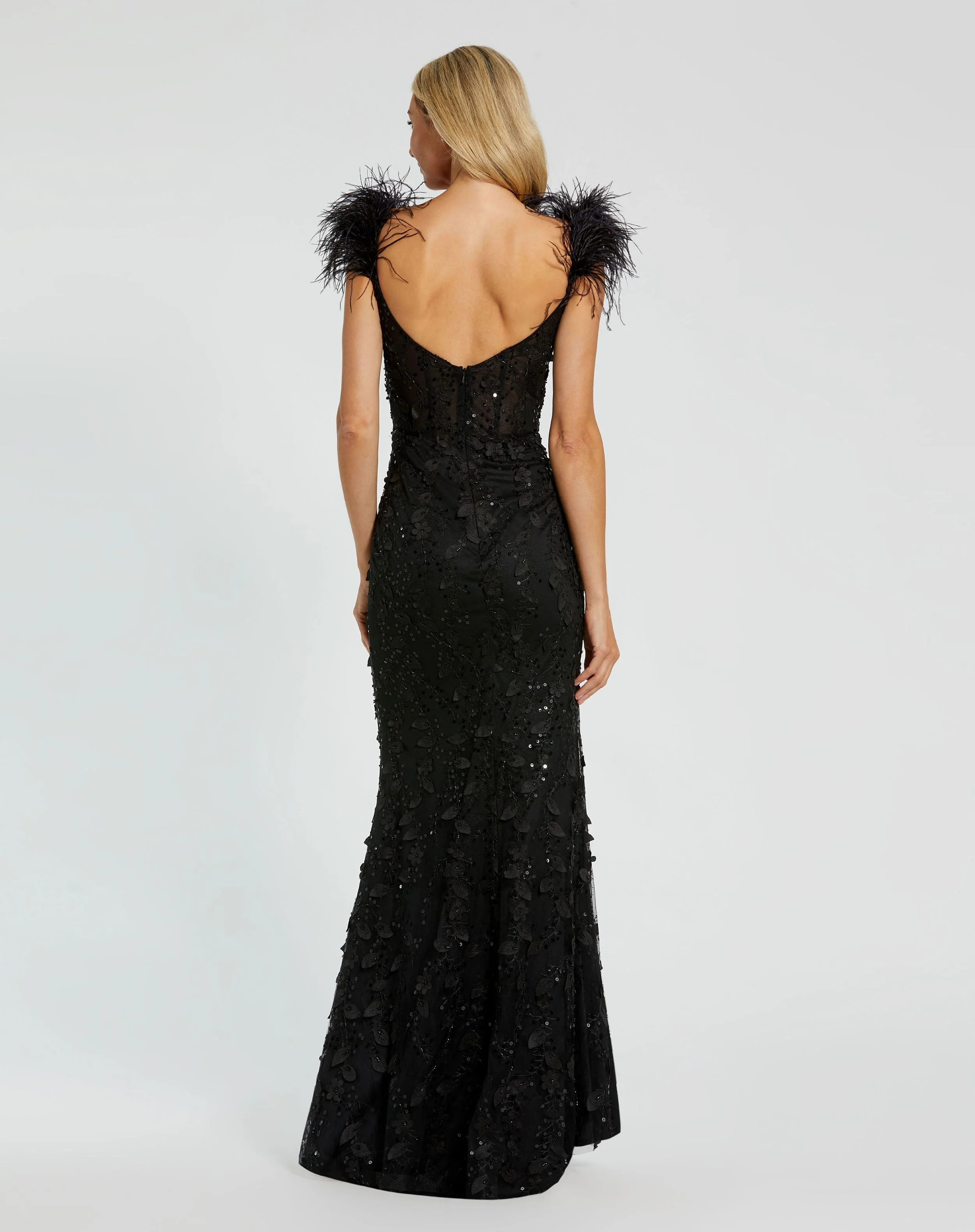 Black Sheer Applique Bustier Gown with Feather Straps