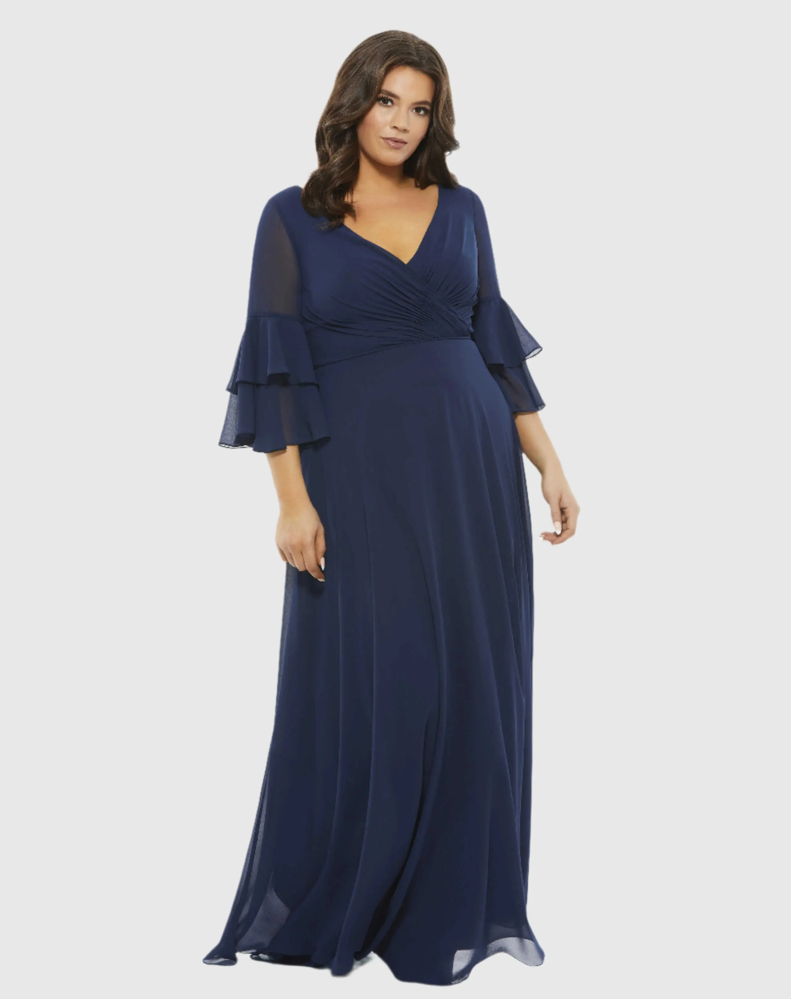 Pleated Bell Sleeve Chiffon Gown (Plus)