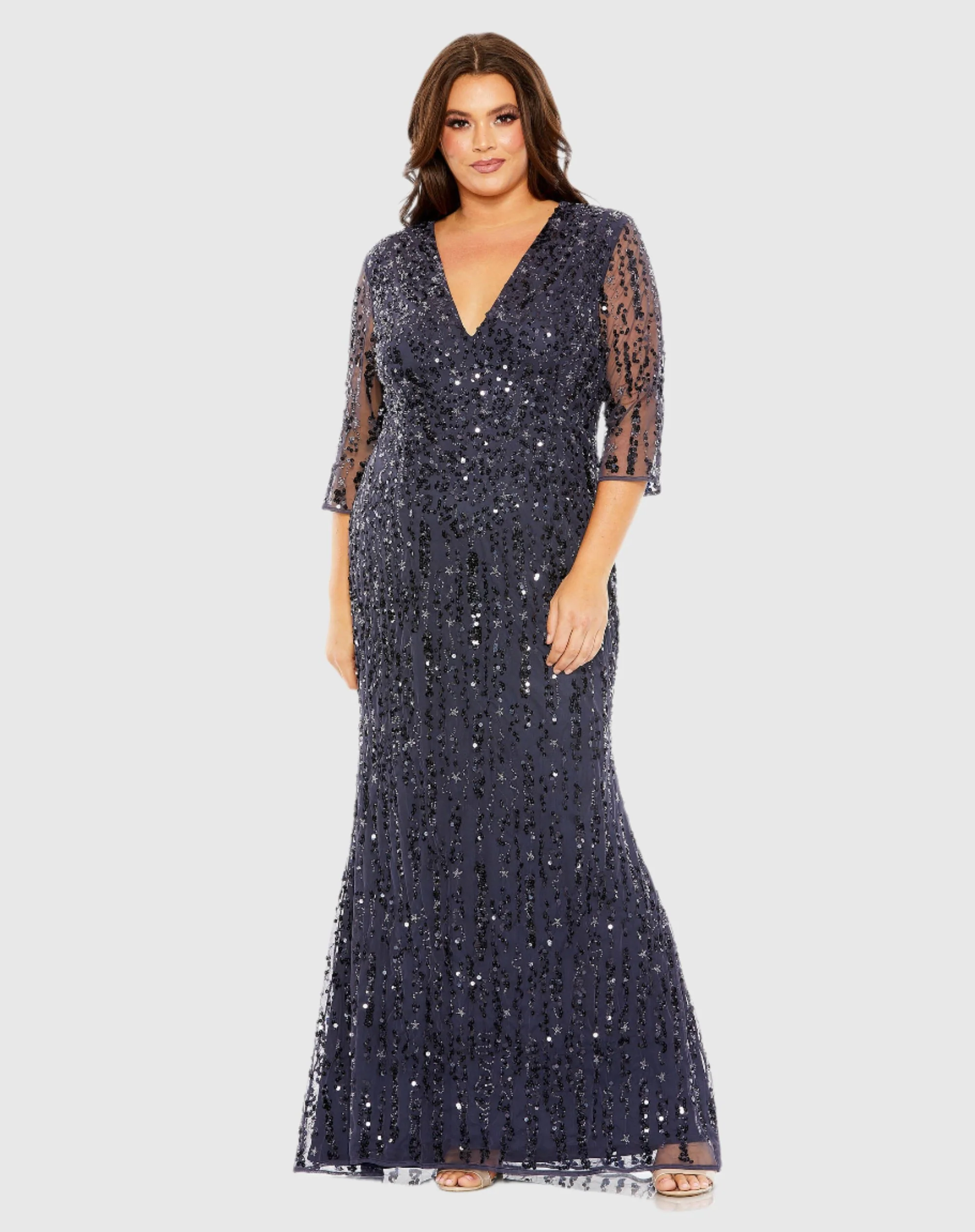 Navy Mid Length Mesh Sleeve V Neck Embellished Gown