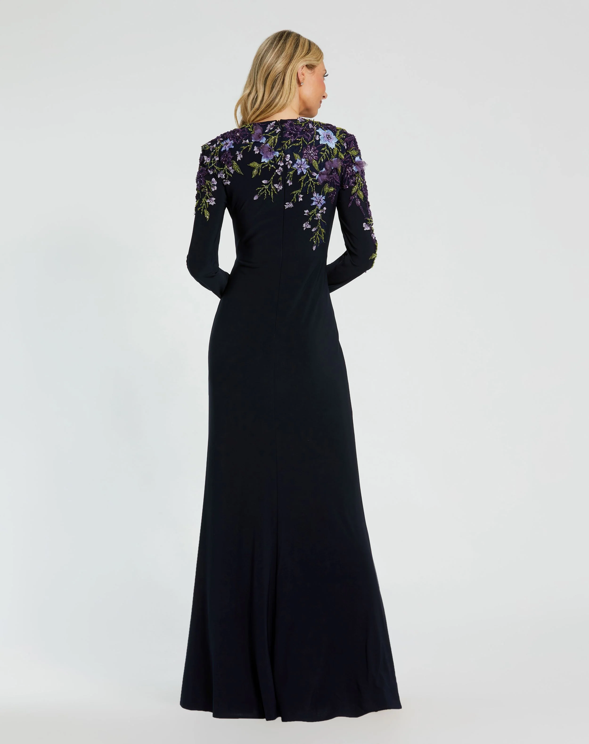 Navy Embellished Long Sleeve Fitted Jersey Gown