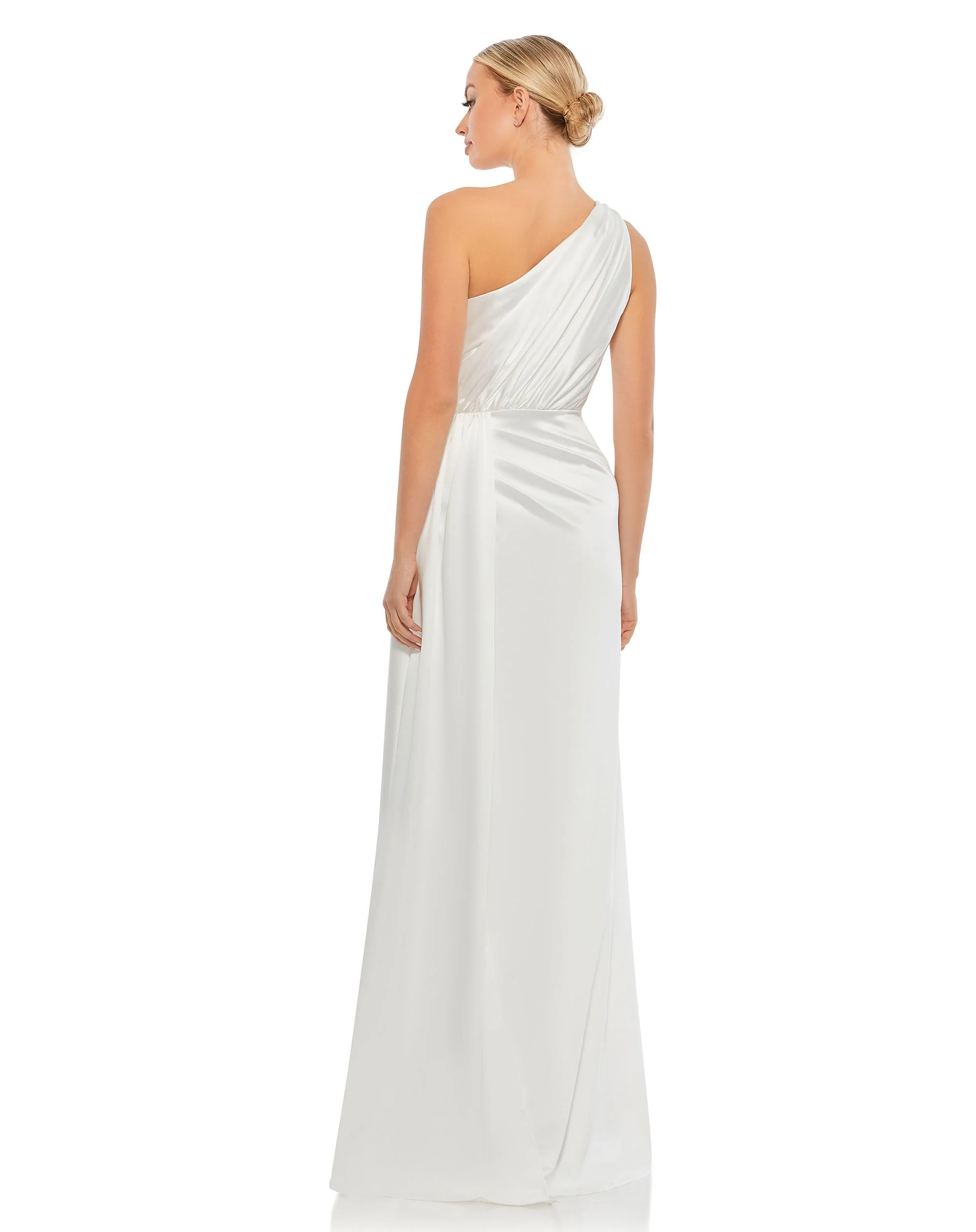 White Gathered One Shoulder Satin Faux Wrap Gown