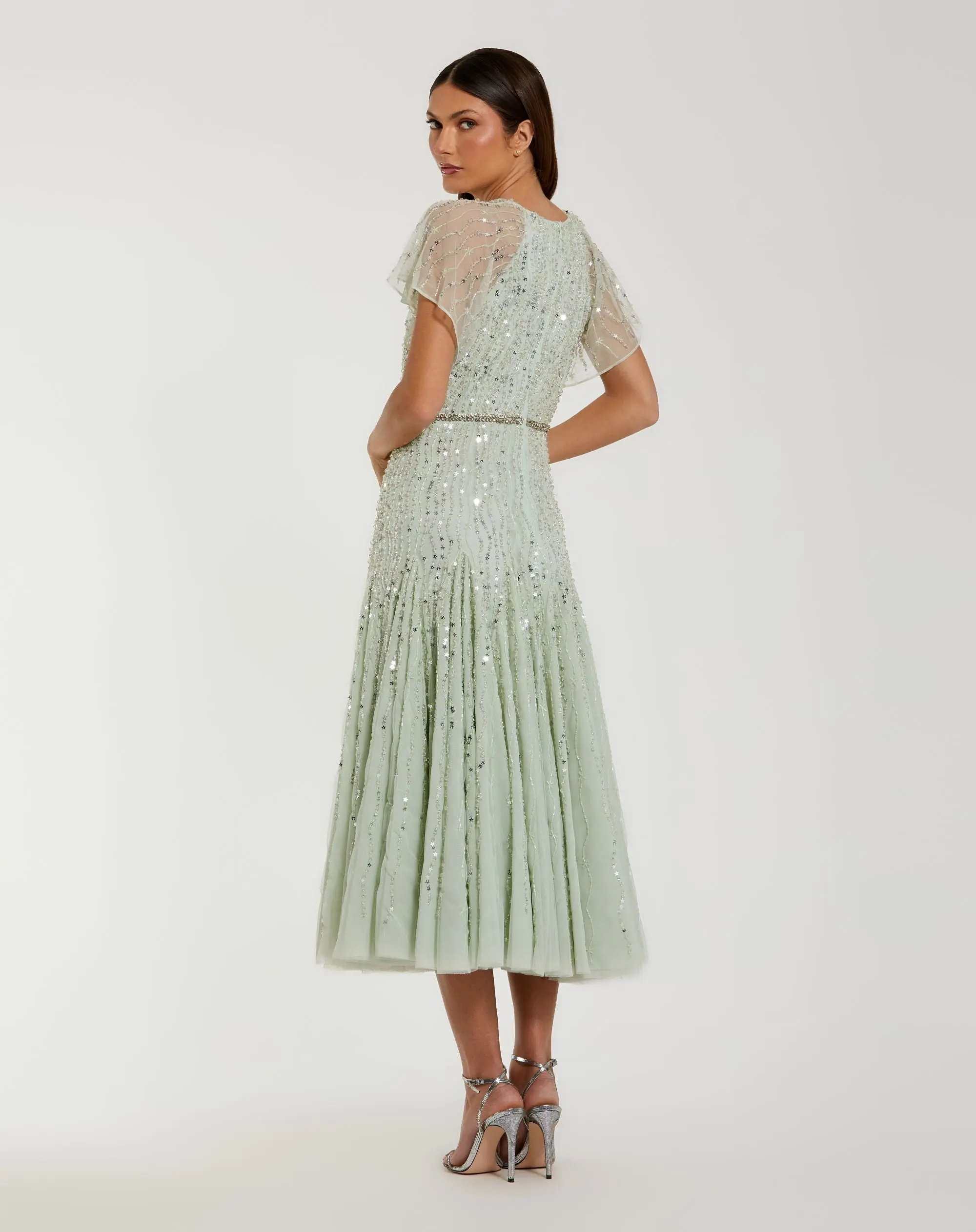 Green Embellished Bow Flutter Sleeve A Line Midi Dress