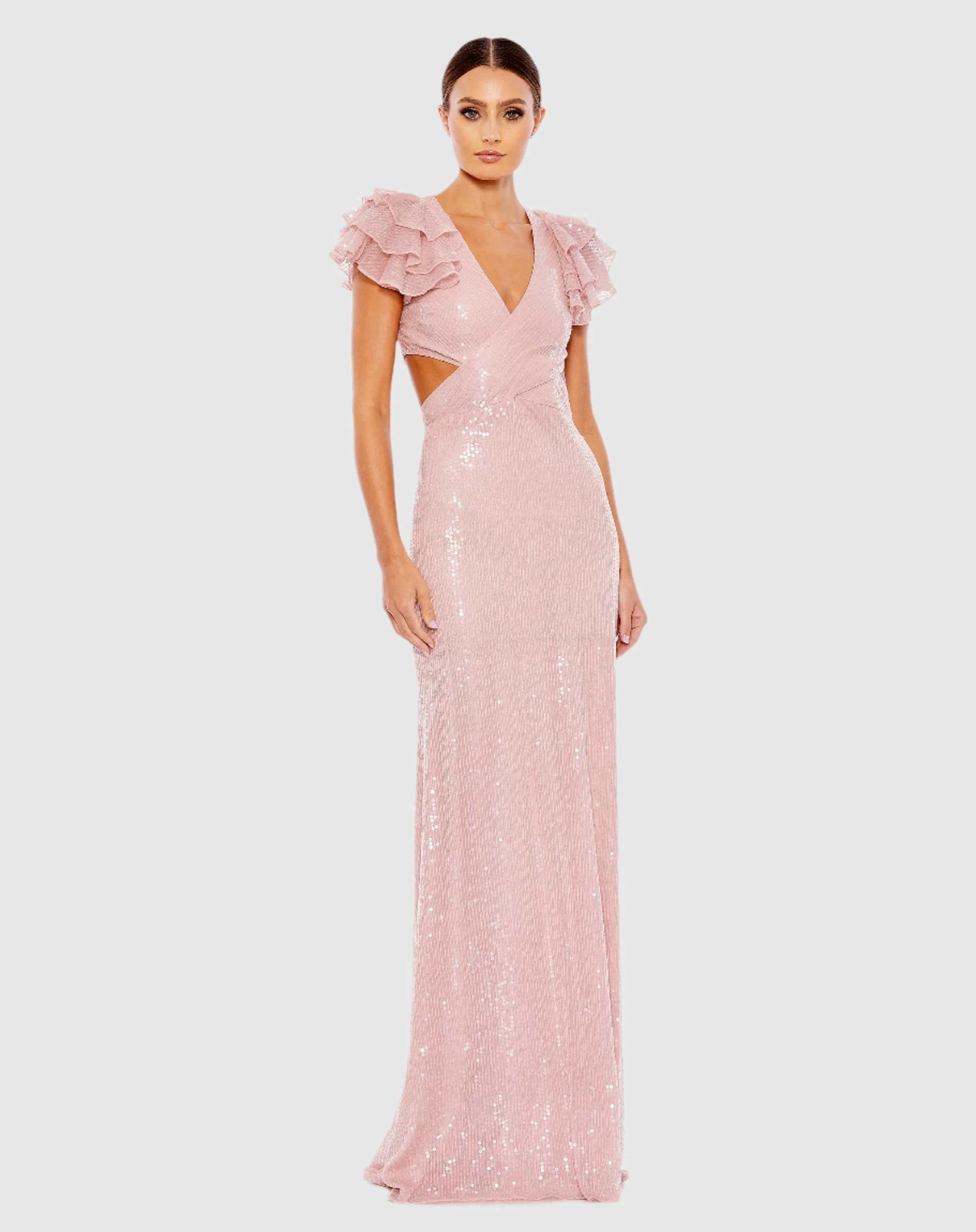 Pink Sequined Ruffled Cut Out Lace Up Gown