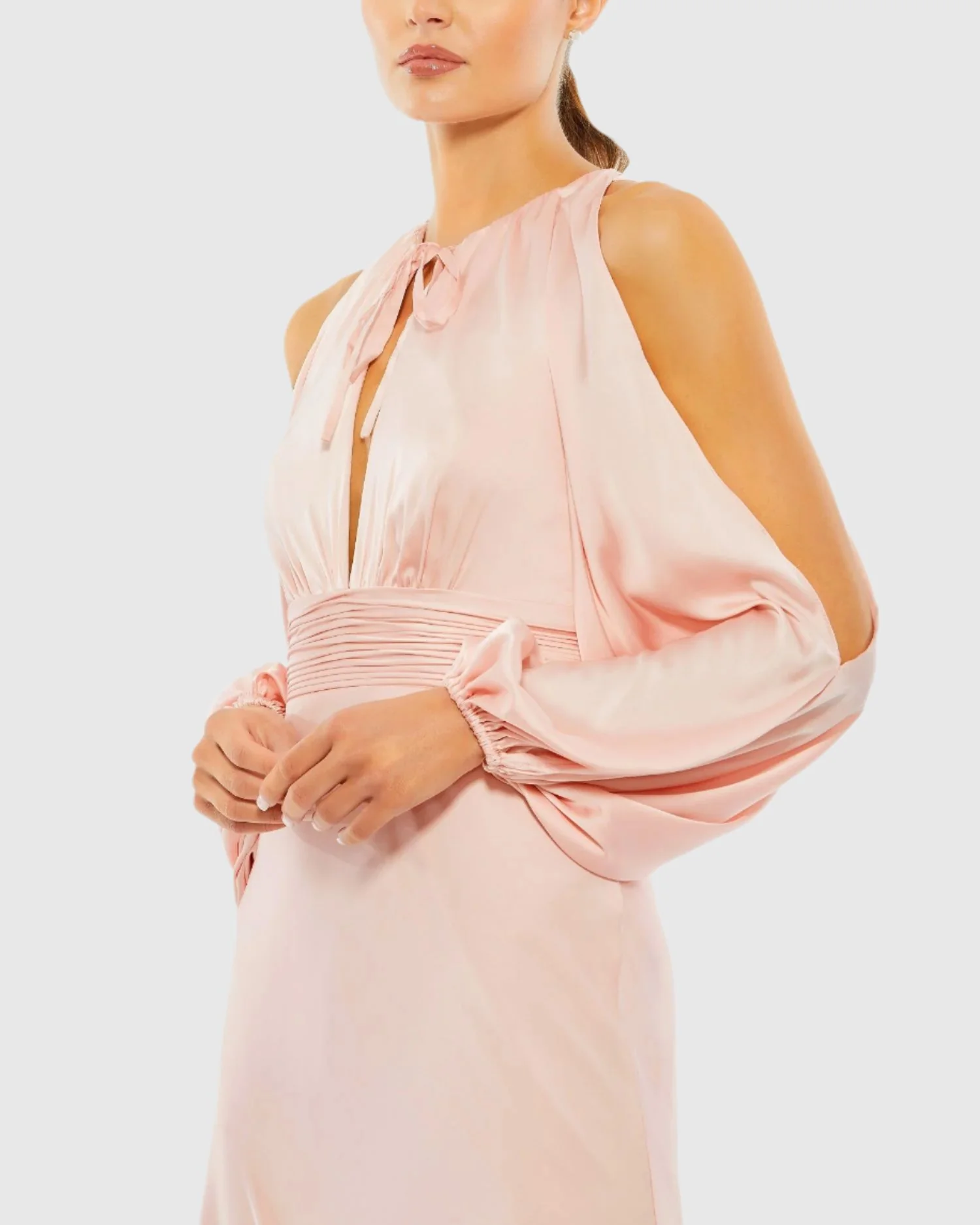 Tied Keyhole Cold Shoulder Bishop Sleeve Gown