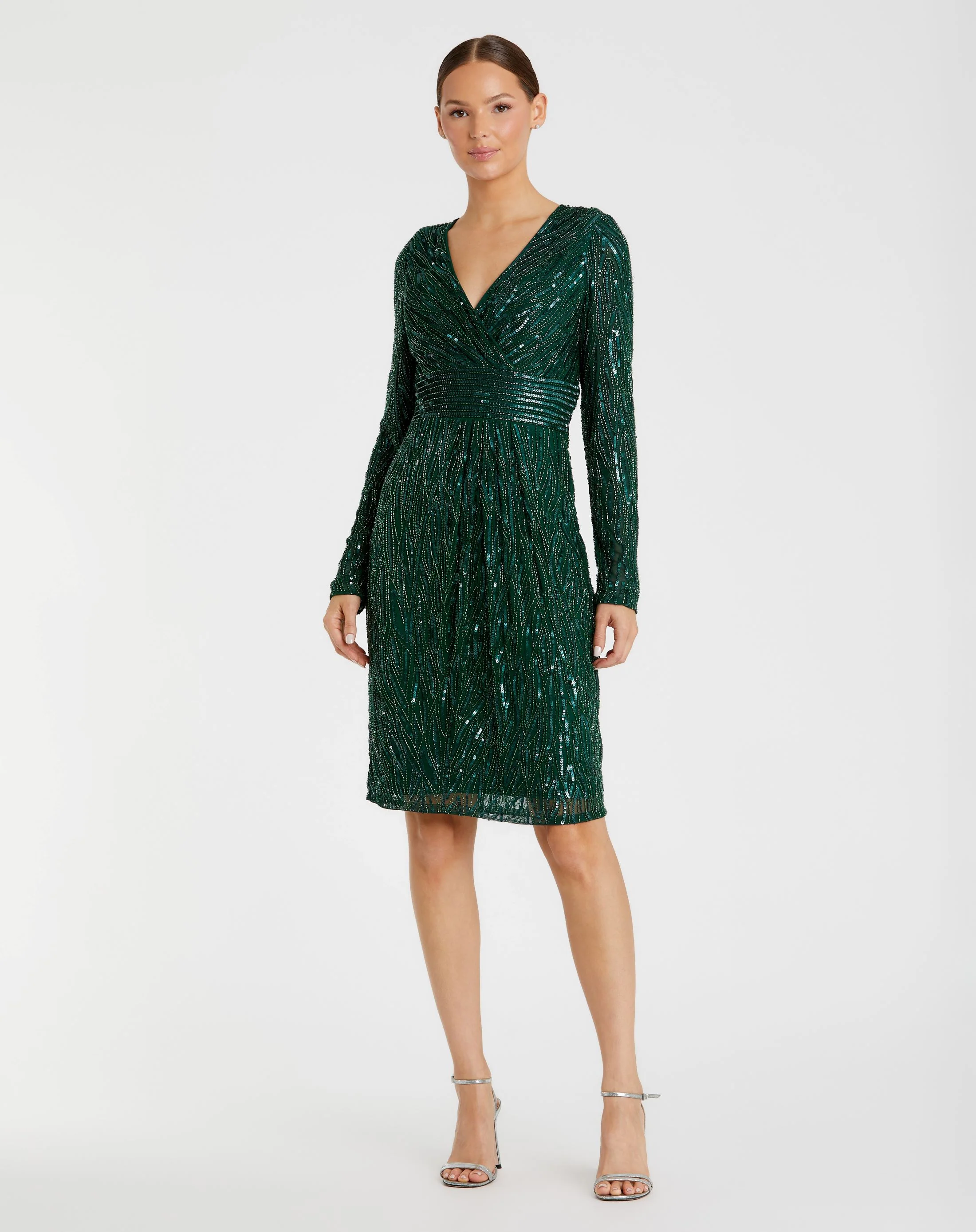 Green Long Sleeve Embellished Sequin Cocktail Dress
