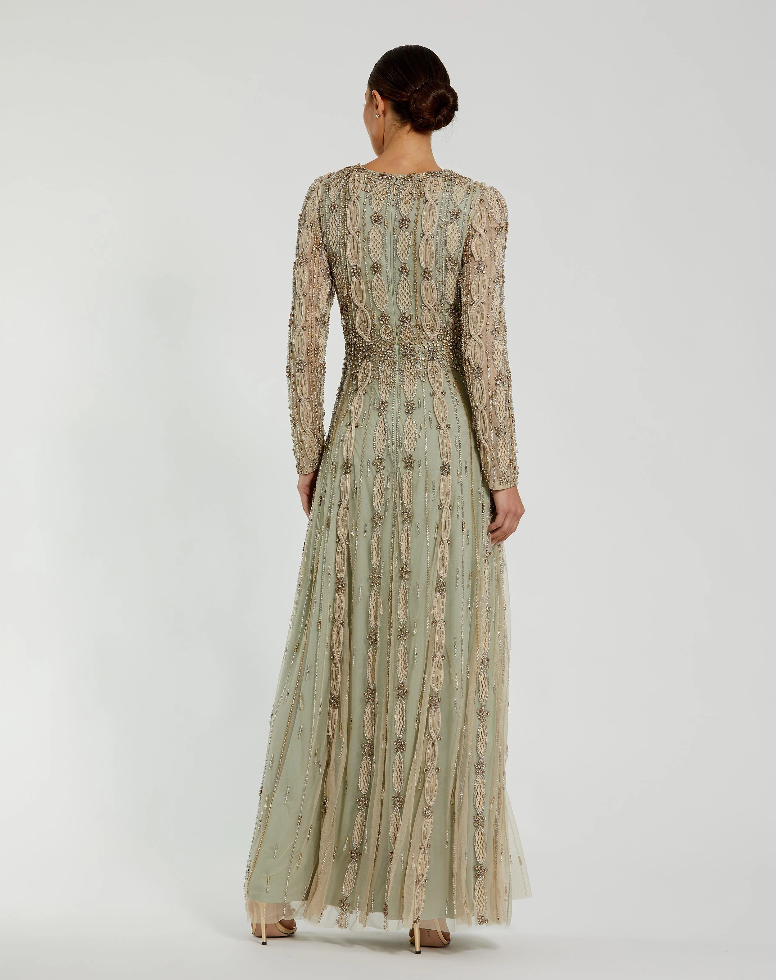 Green Embellished Mesh Long Sleeve A Line Gown