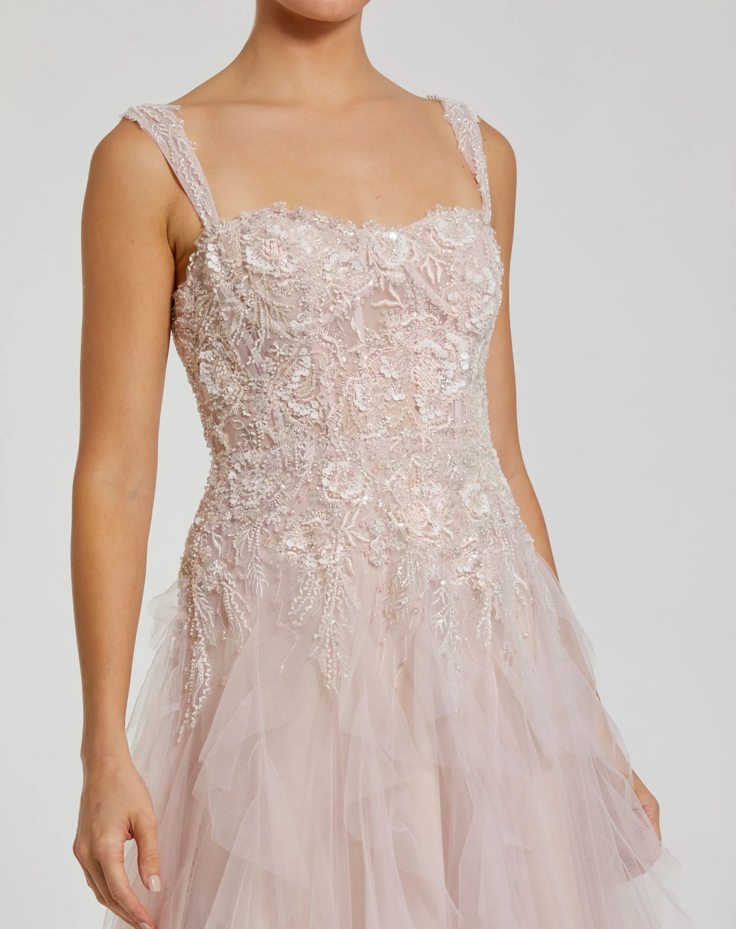 Pink Thin Strap Bustier Tulle Gown With Ruffle Skirt