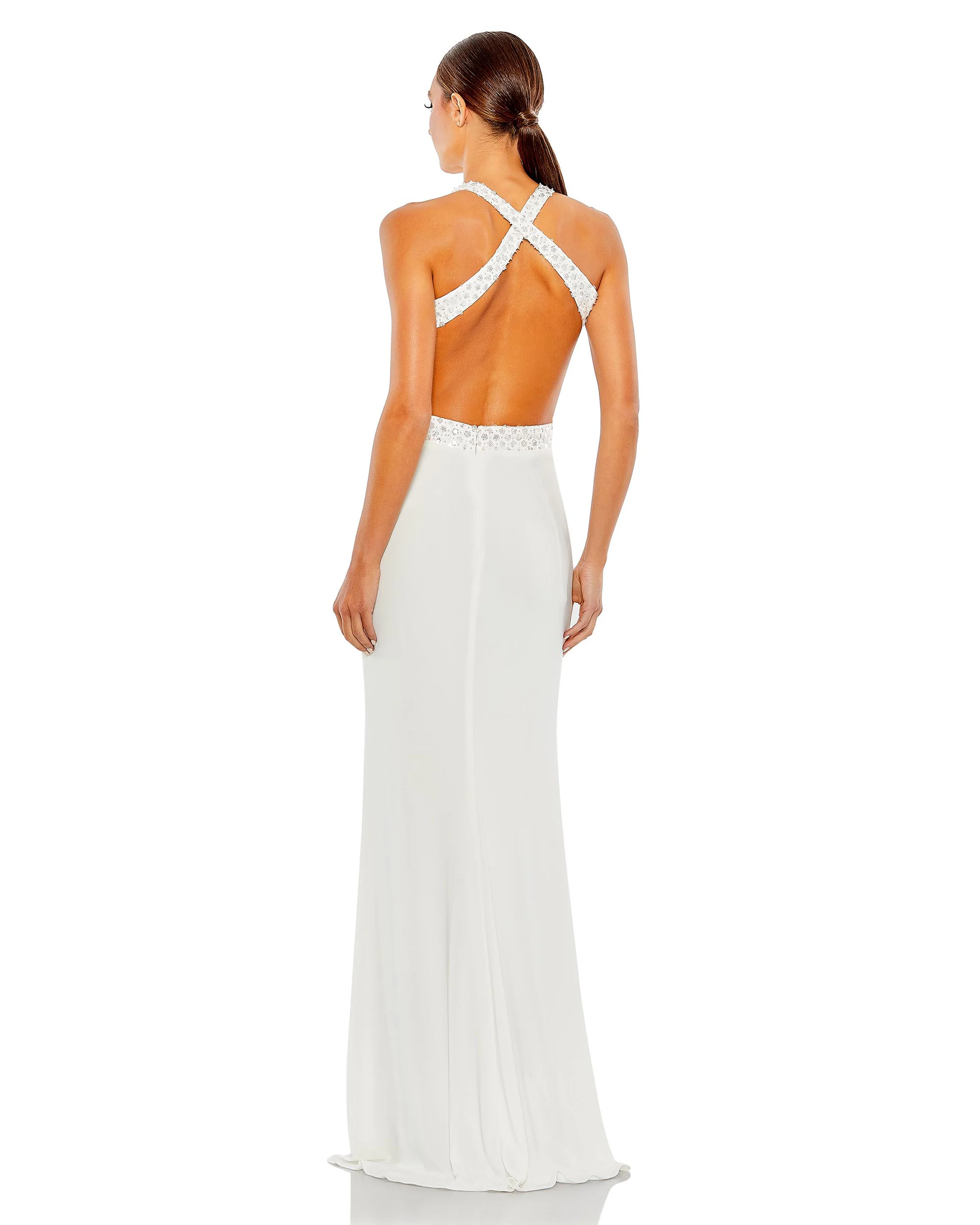 White Floral Sequined Criss Cross Bodice Gown