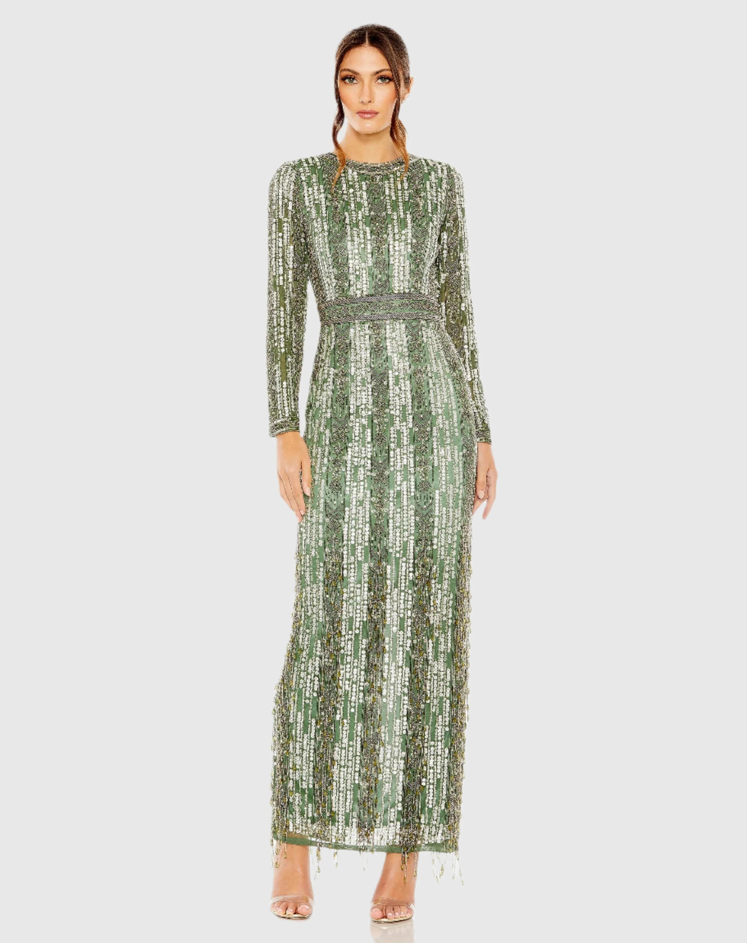 Green High Neck Long Sleeve Crystal Fringe Column Gown