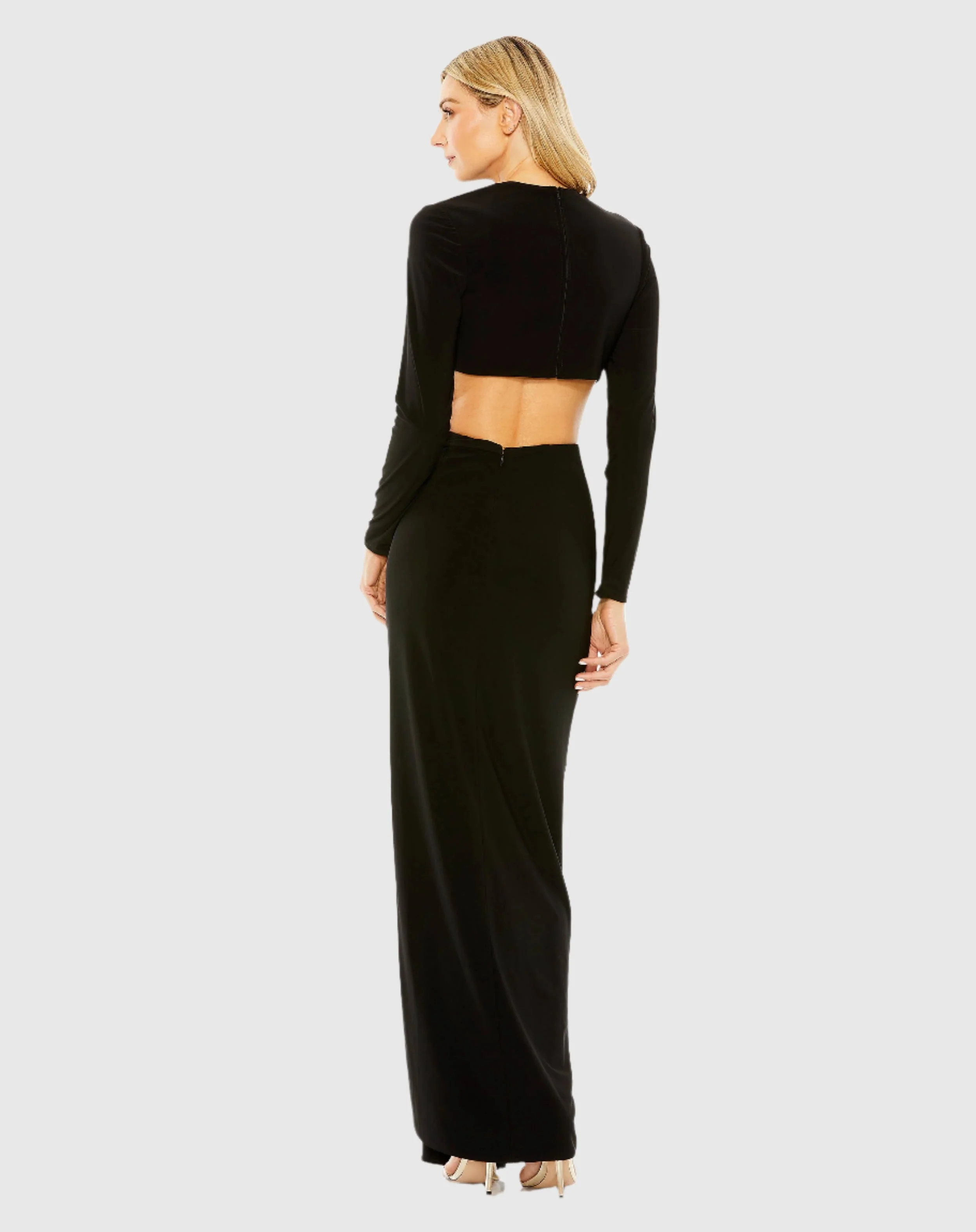 Black Long Sleeve Cutout Detail High Slit Gown