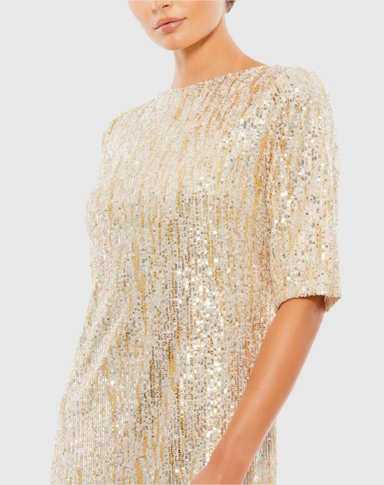 Gold Metallic Sequined Short Sleeve Shift Dress