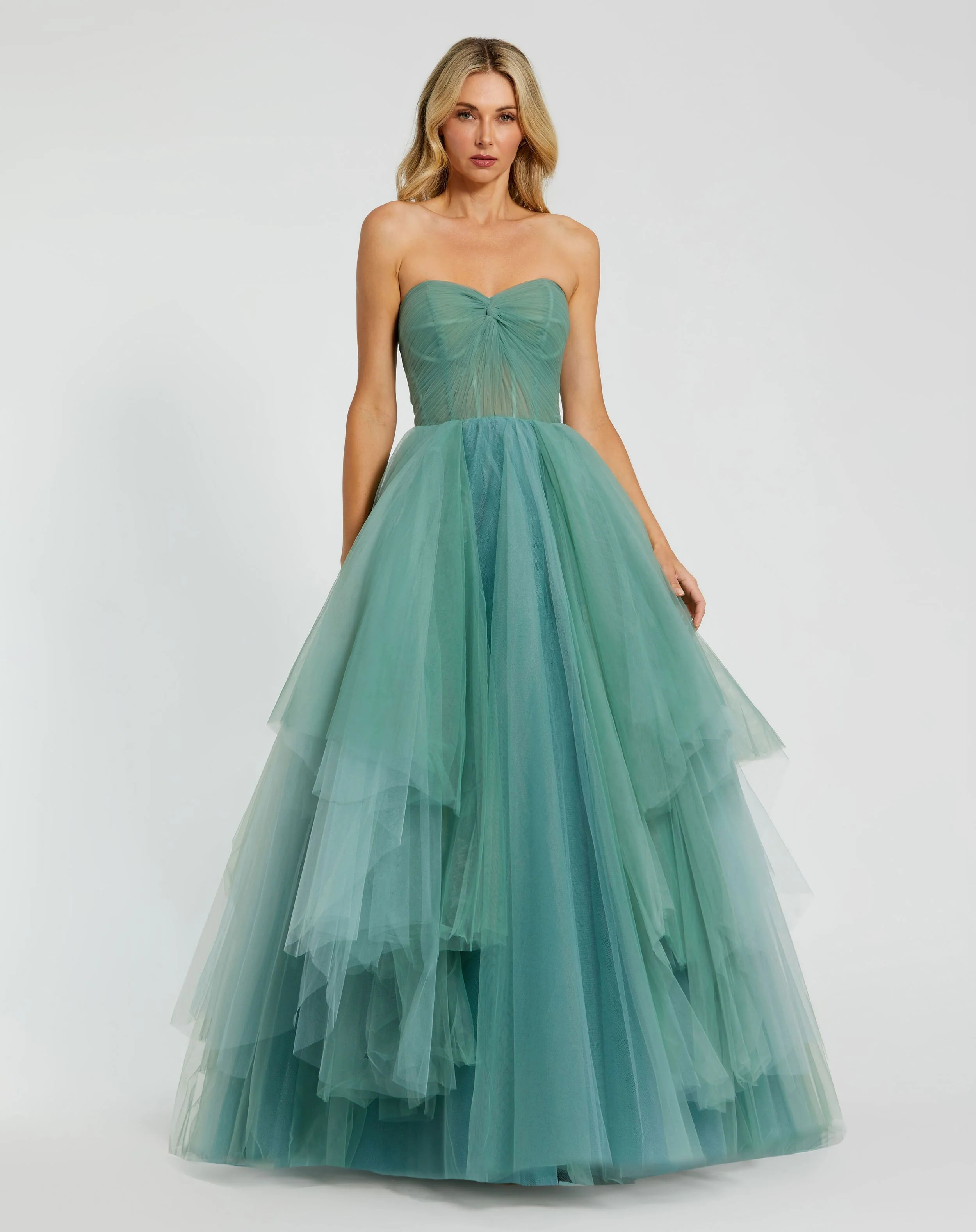 Green Strapless Bustier Twist Top Ruffle Ballgown